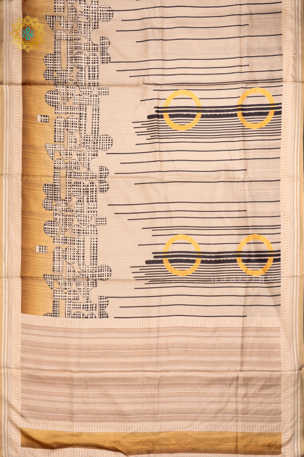 BEIGE WITH YELLOW - SEMI CREPE  SILK SAREE DIGITAL PRINTS AND ZARI WOVEN BORDER