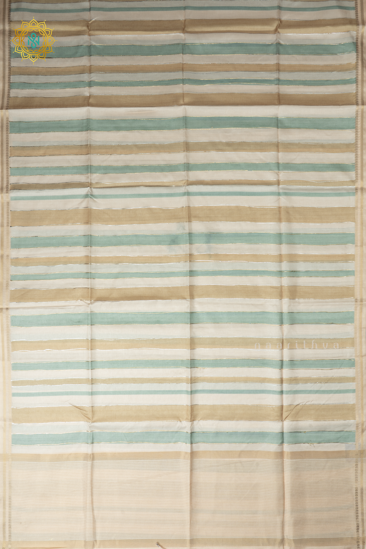 Beige With Pista Green Semi Tussar Silk Saree With Vertical Stripes & Contrast Pallu