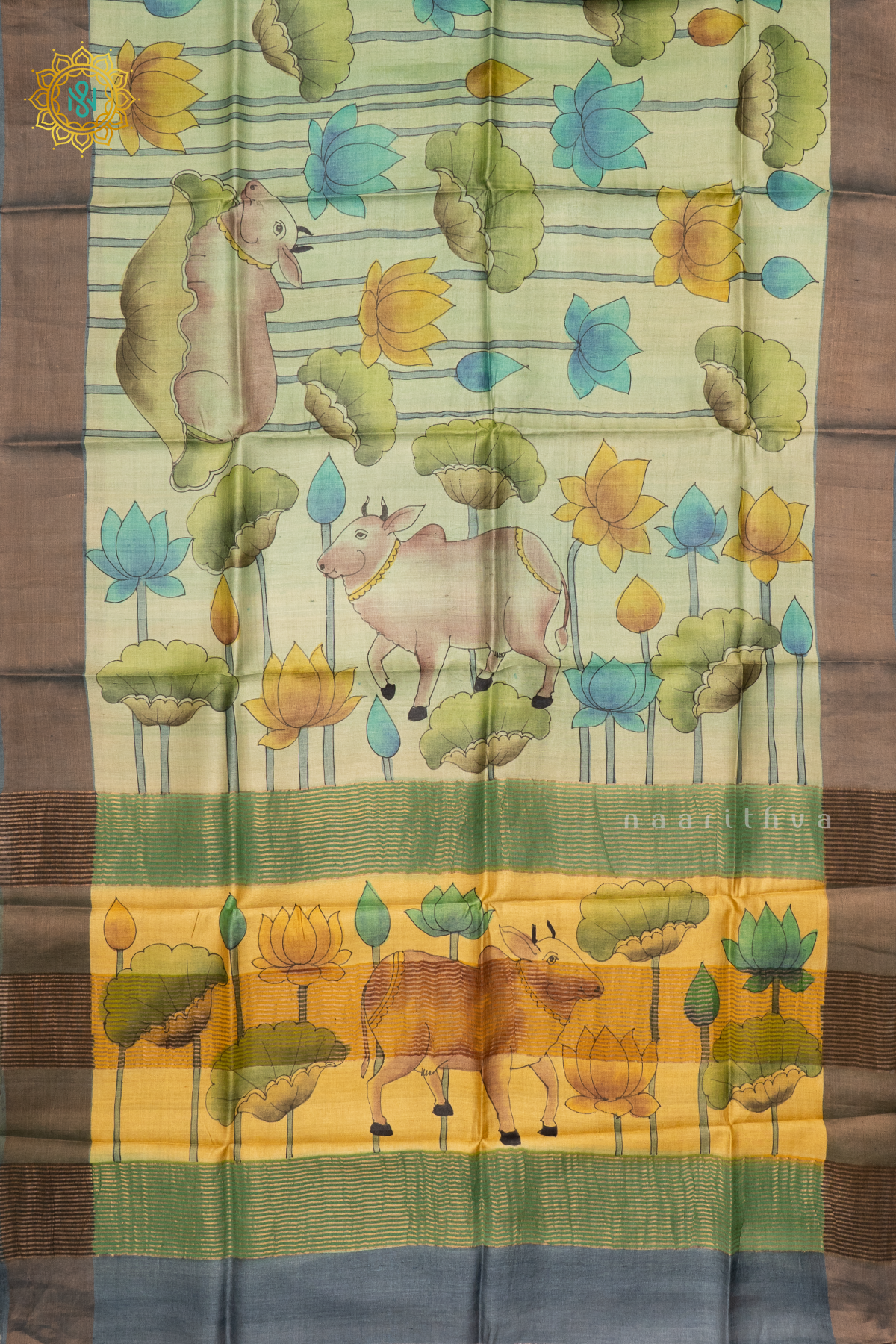 GREEN WITH GREY - PURE TUSSAR SILK