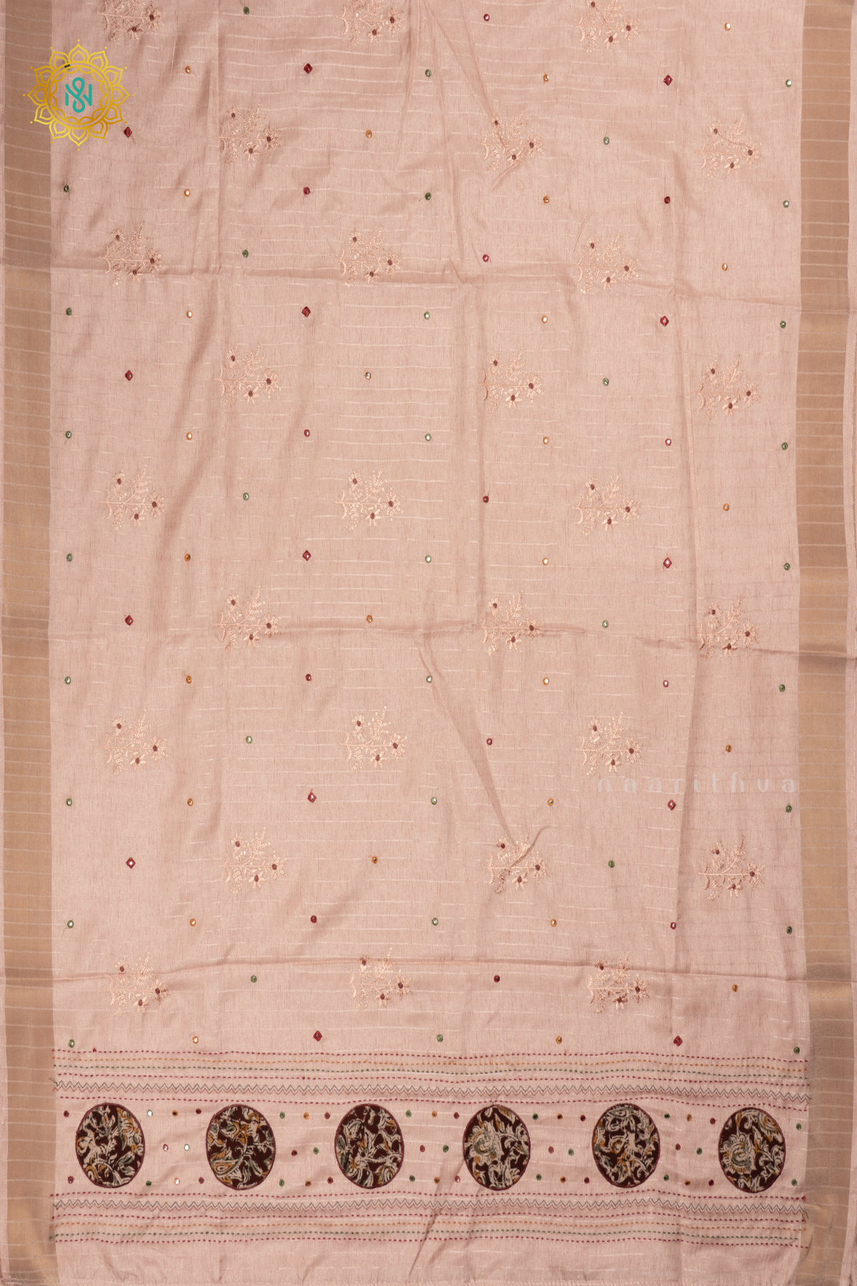 PEACH - SOFT TUSSAR SILK SAREE ALLOVER KATHA WORK BUTTAS WITH KATHA STITCH AND APPLIQUÉ WORK PALLU & TISSUE BORDER