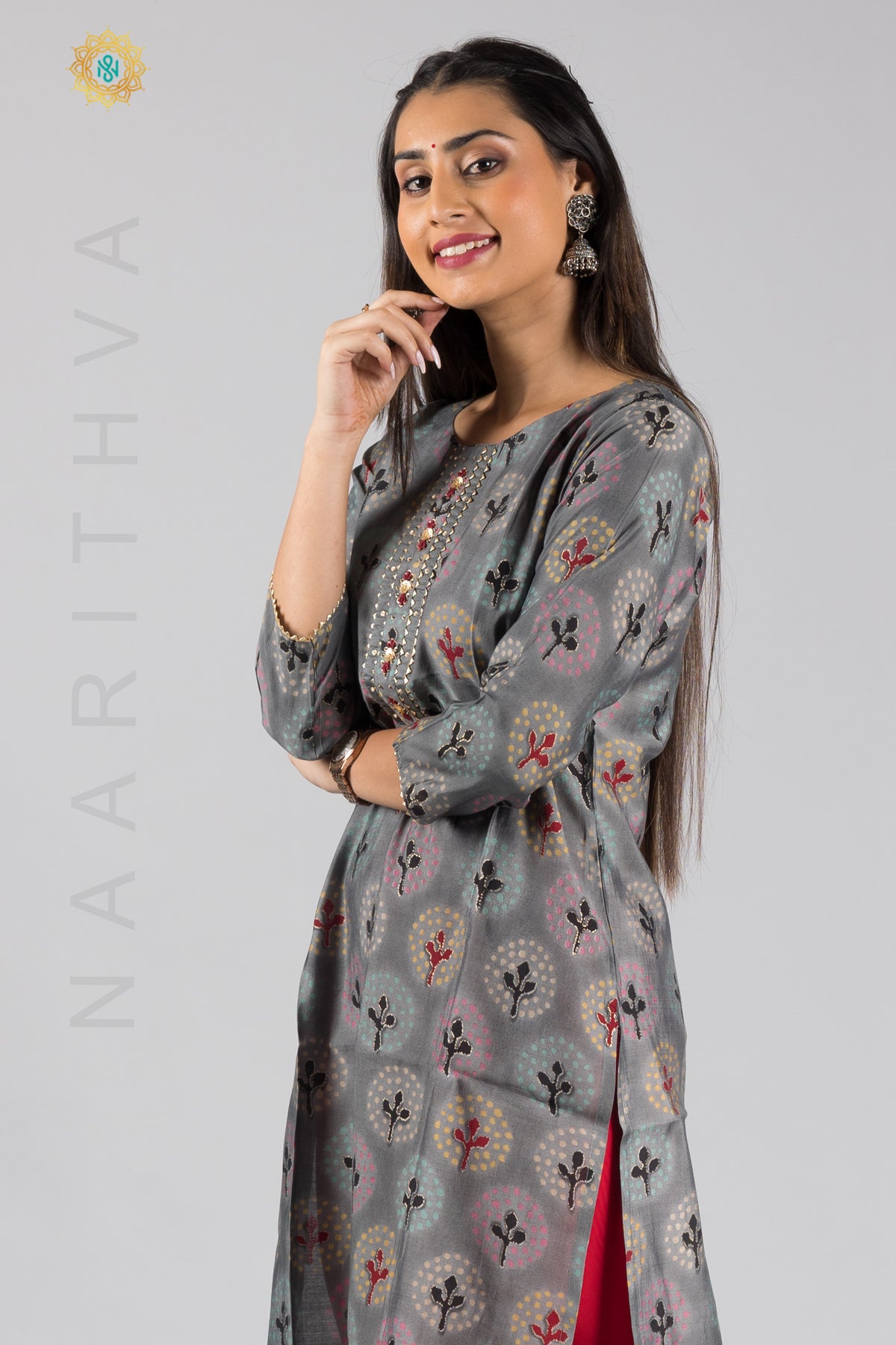 GREY - MODAL SILK CASUAL PRINTED STRAIGHT CUT KURTI WITH NECK EMBROIDERY