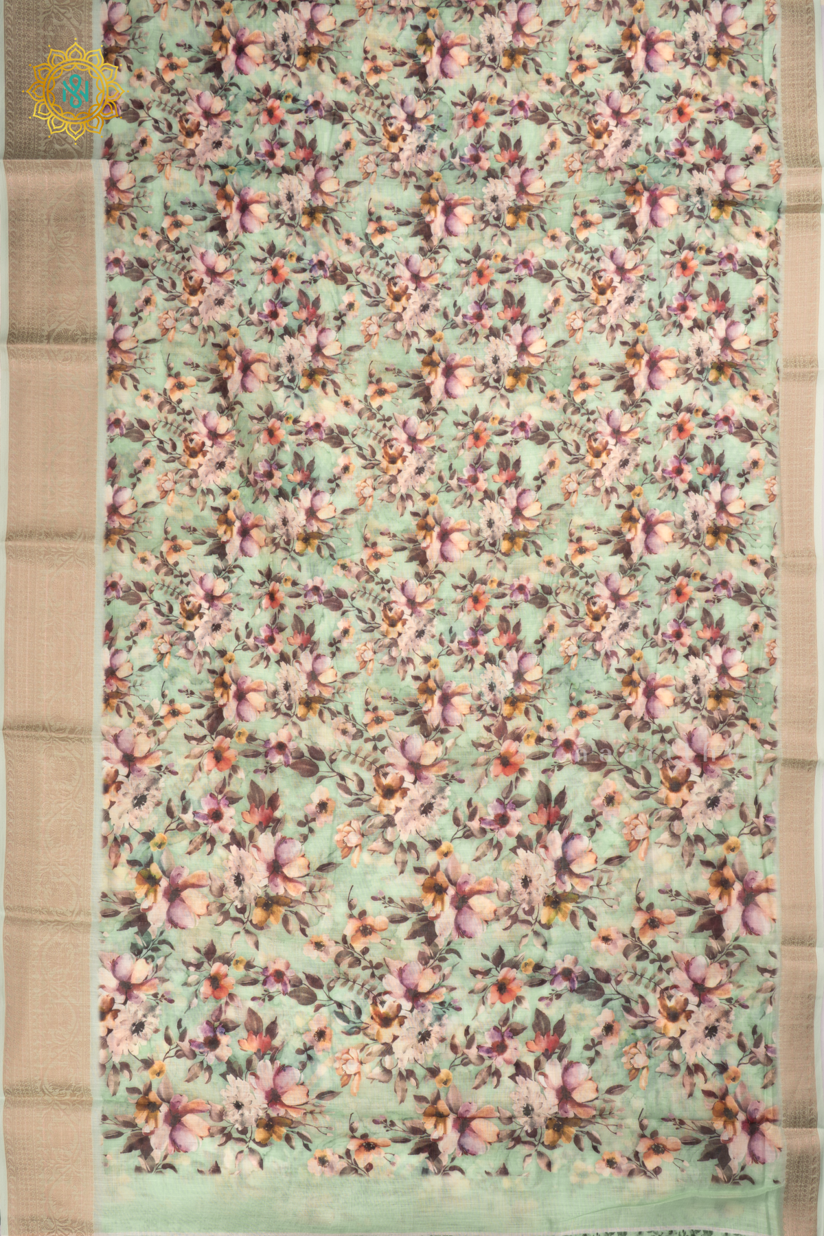 Pista Green Linen by Cotton Saree with Floral Printed Body and Zari Border