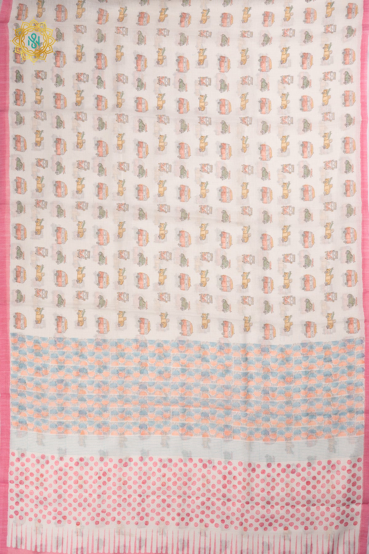 White with Light Pink Linen Cotton Saree with Allover Pastel Vintage Vehicle Prints and Contrast Border