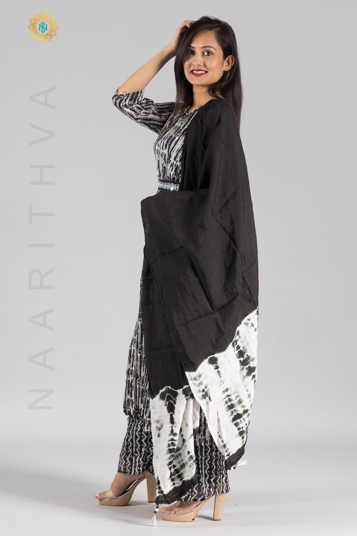BLACK & WHITE - PARTY WEAR NAYRA CUT SALWAR SUIT WITH PARALLEL CUT PANT & DUPATTA