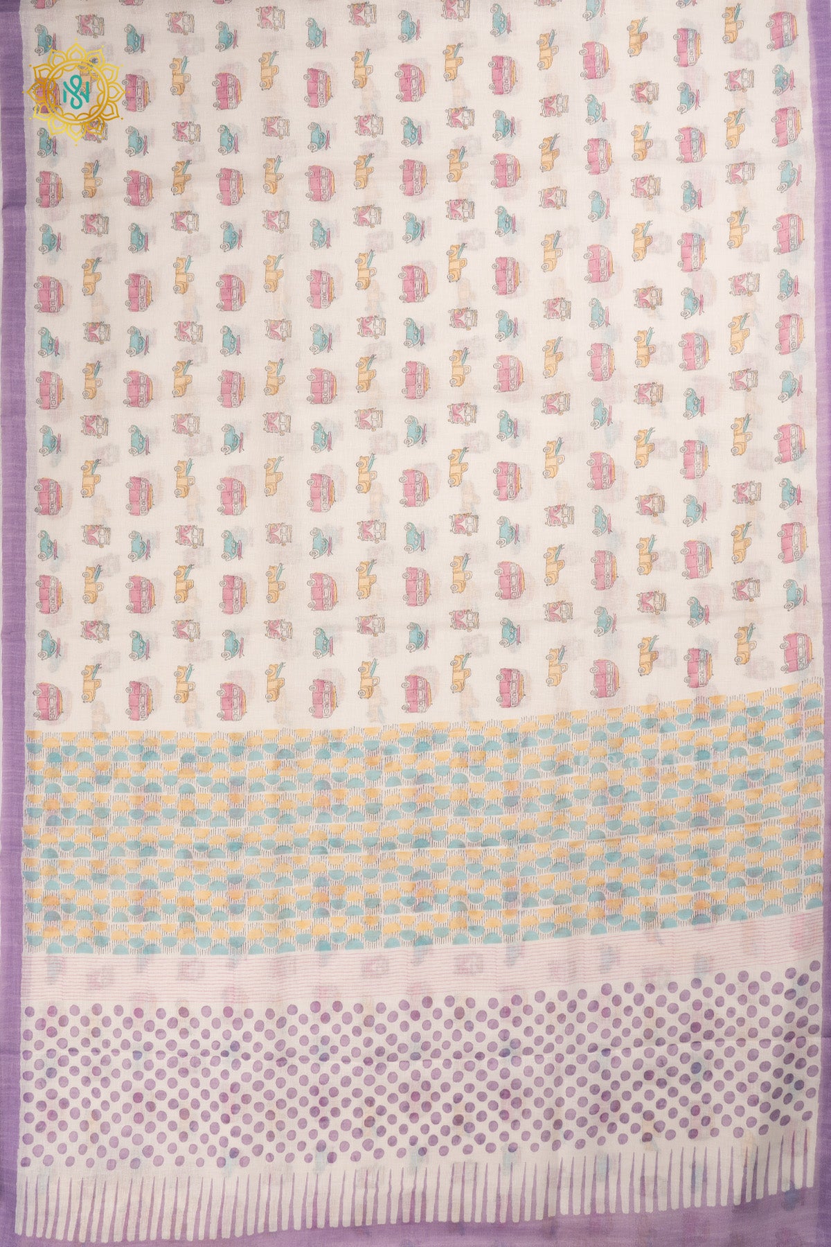 White with Lavender Linen Cotton Saree with Allover Pastel Vintage Vehicle Prints and Contrast Border