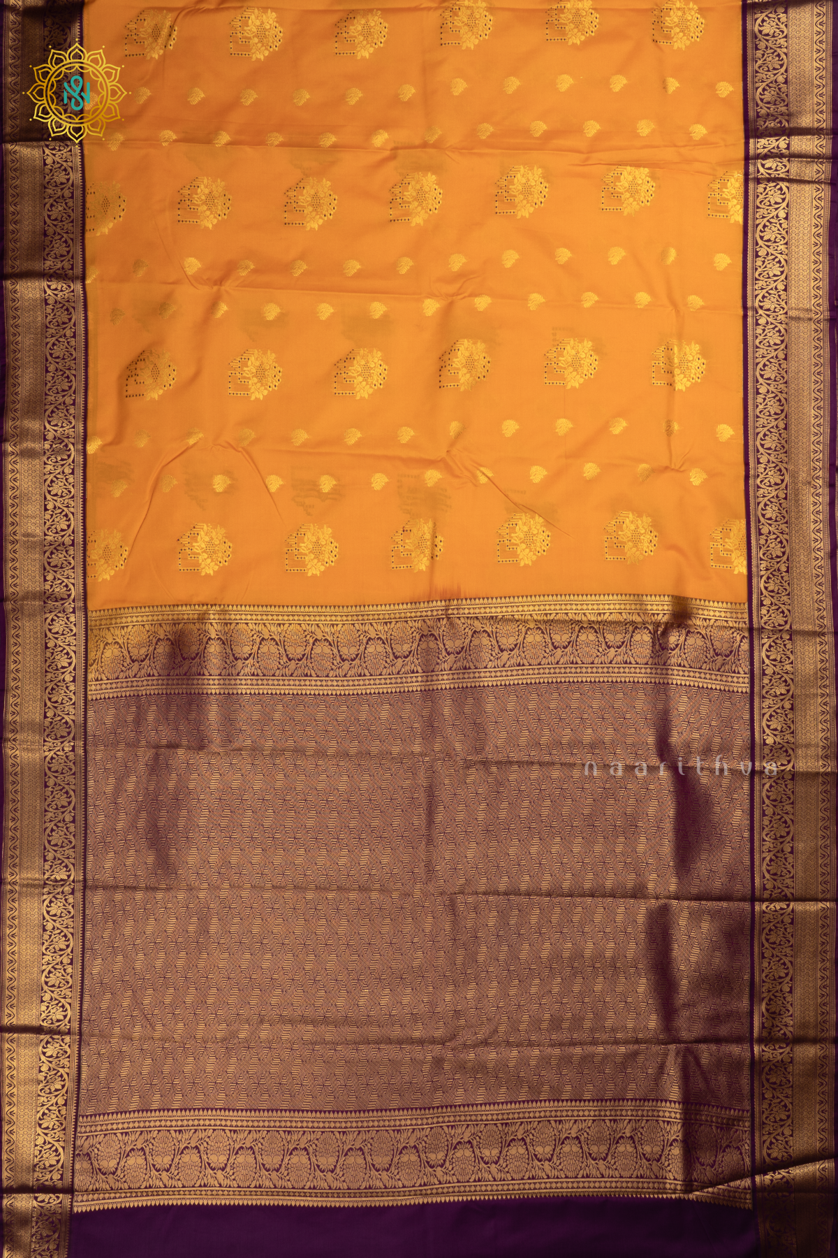 Yellow with Purple  Semi Kanchi Saree With Zari Buttas All Over And Contrast Zari Border