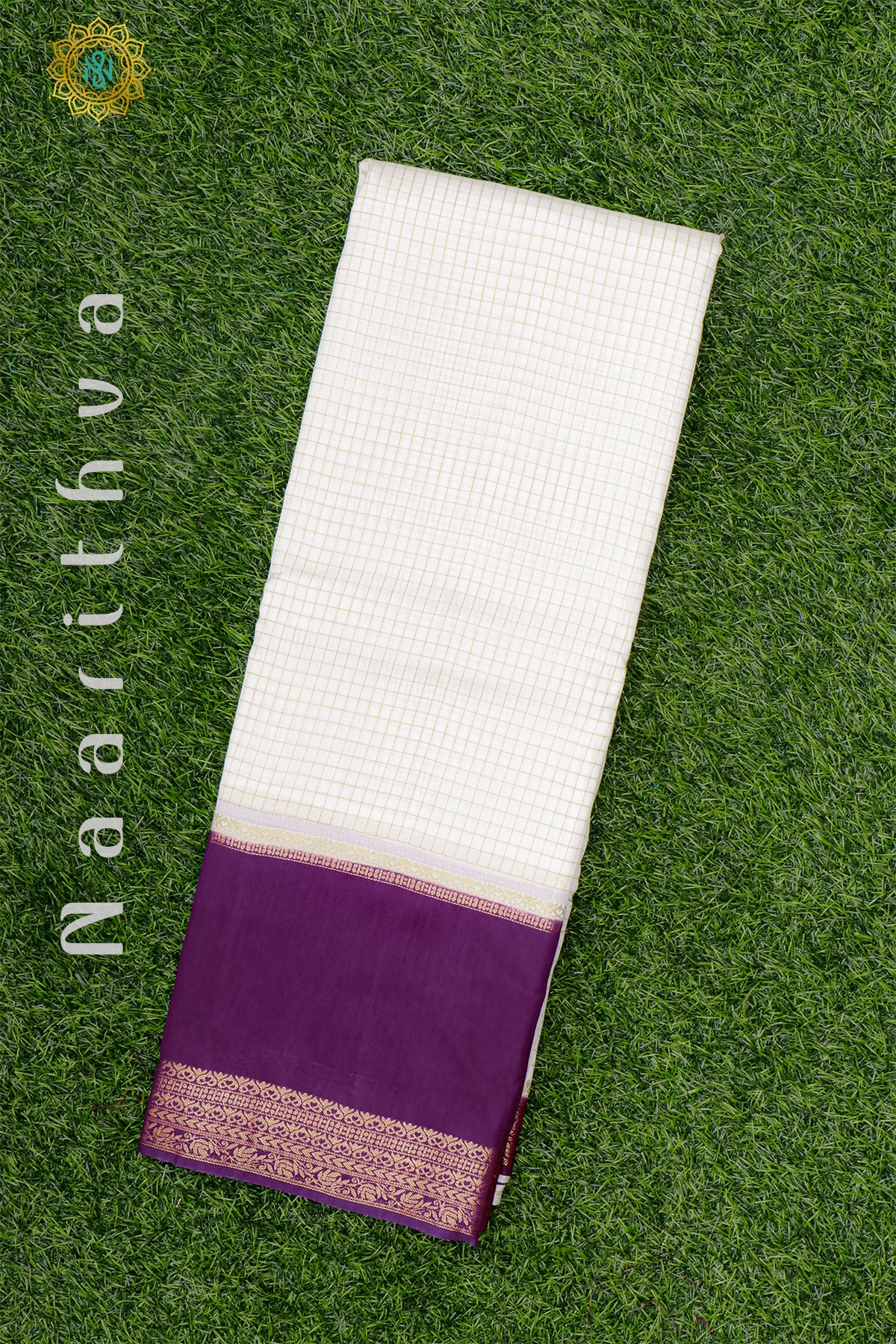 WHITE WITH PURPLE - SEMI MYSORE CREPE SILK