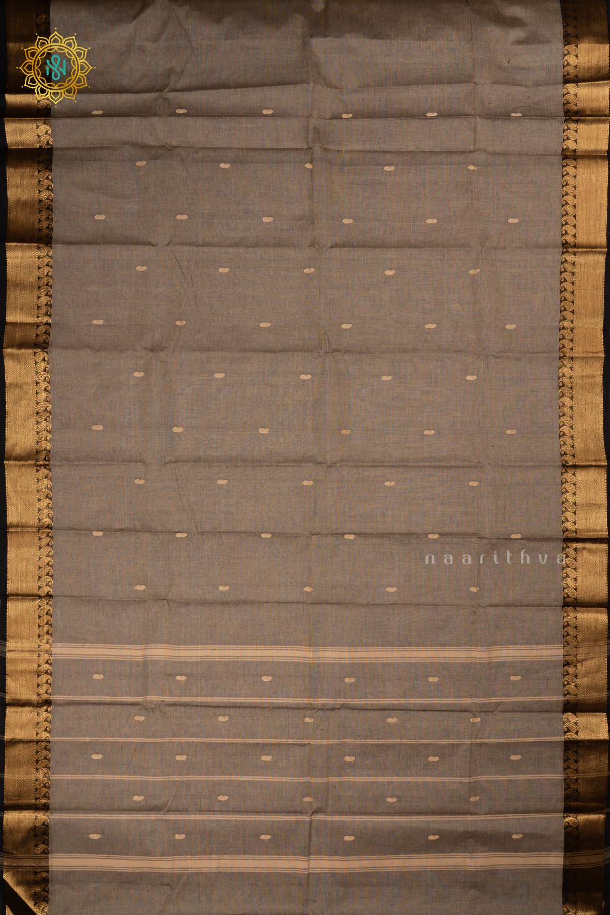 GREY WITH BLACK - CHETTINAD COTTON SAREE ALLOVER THREAD WOVEN BUTTAS WITH CONTRAST ZARI BORDER