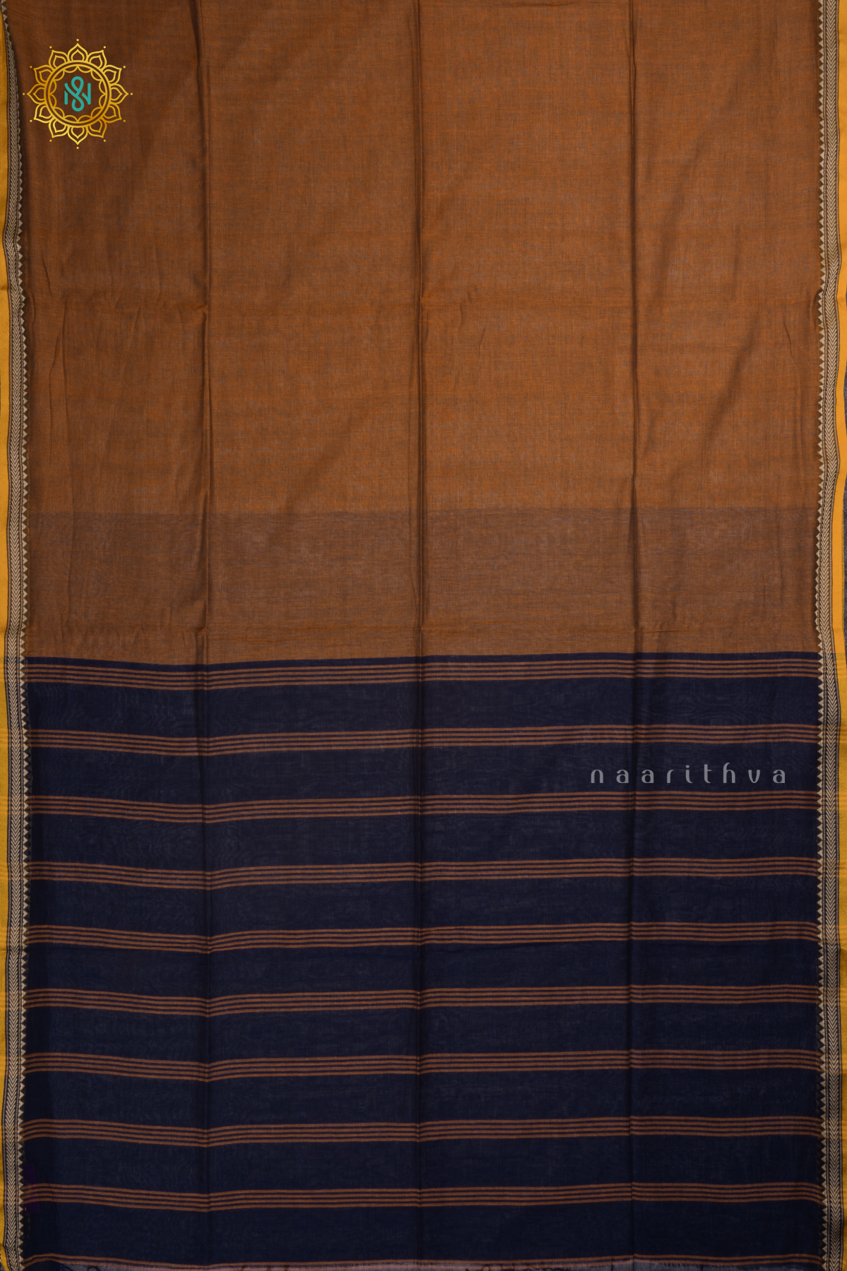 BROWN WITH BLUE - MUL COTTON PLAIN BODY WITH THREAD WOVEN BORDER