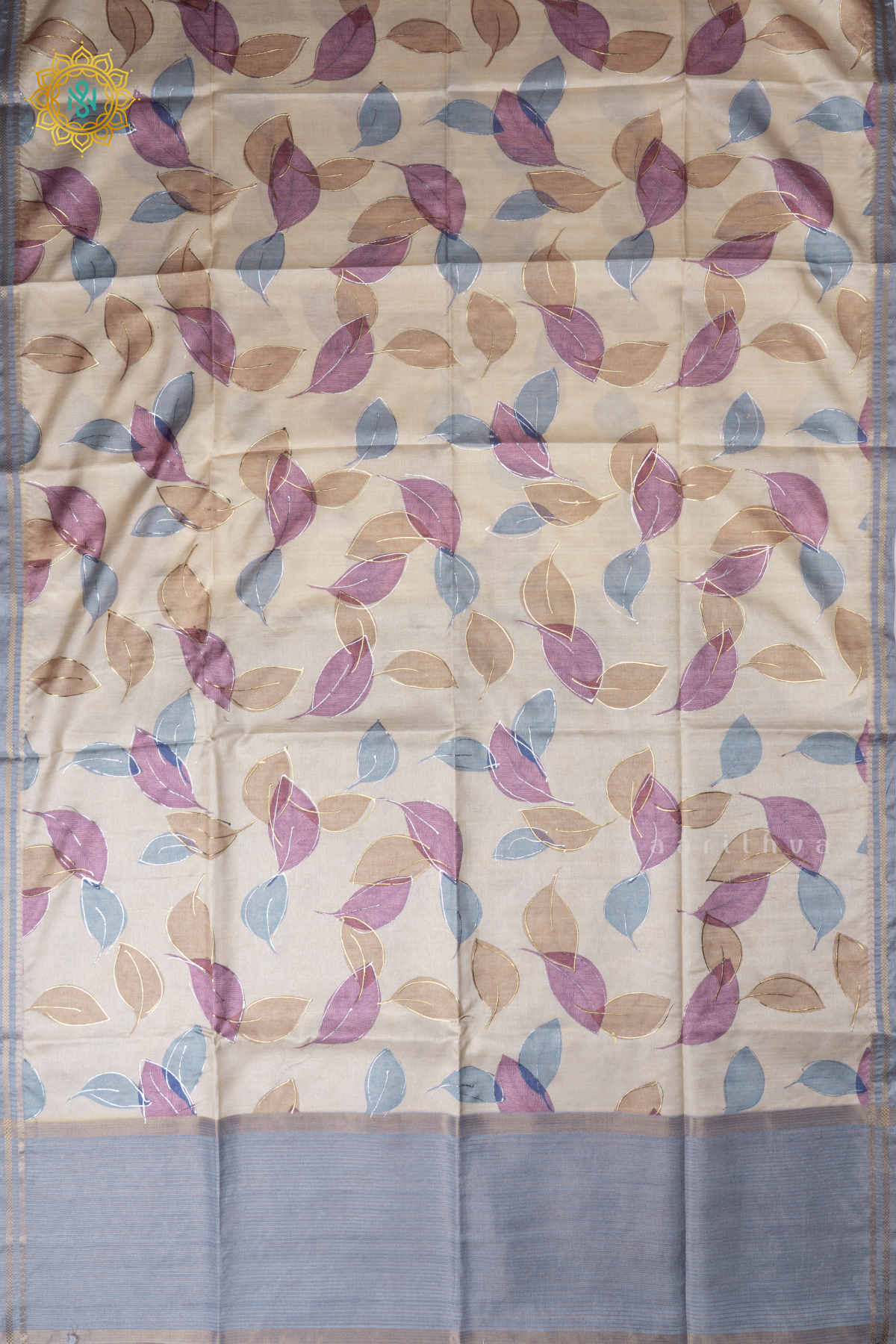 Off White With Grey Semi Tussar Silk Saree With Allover Leaf Prints On The Body With Contrast Pallu