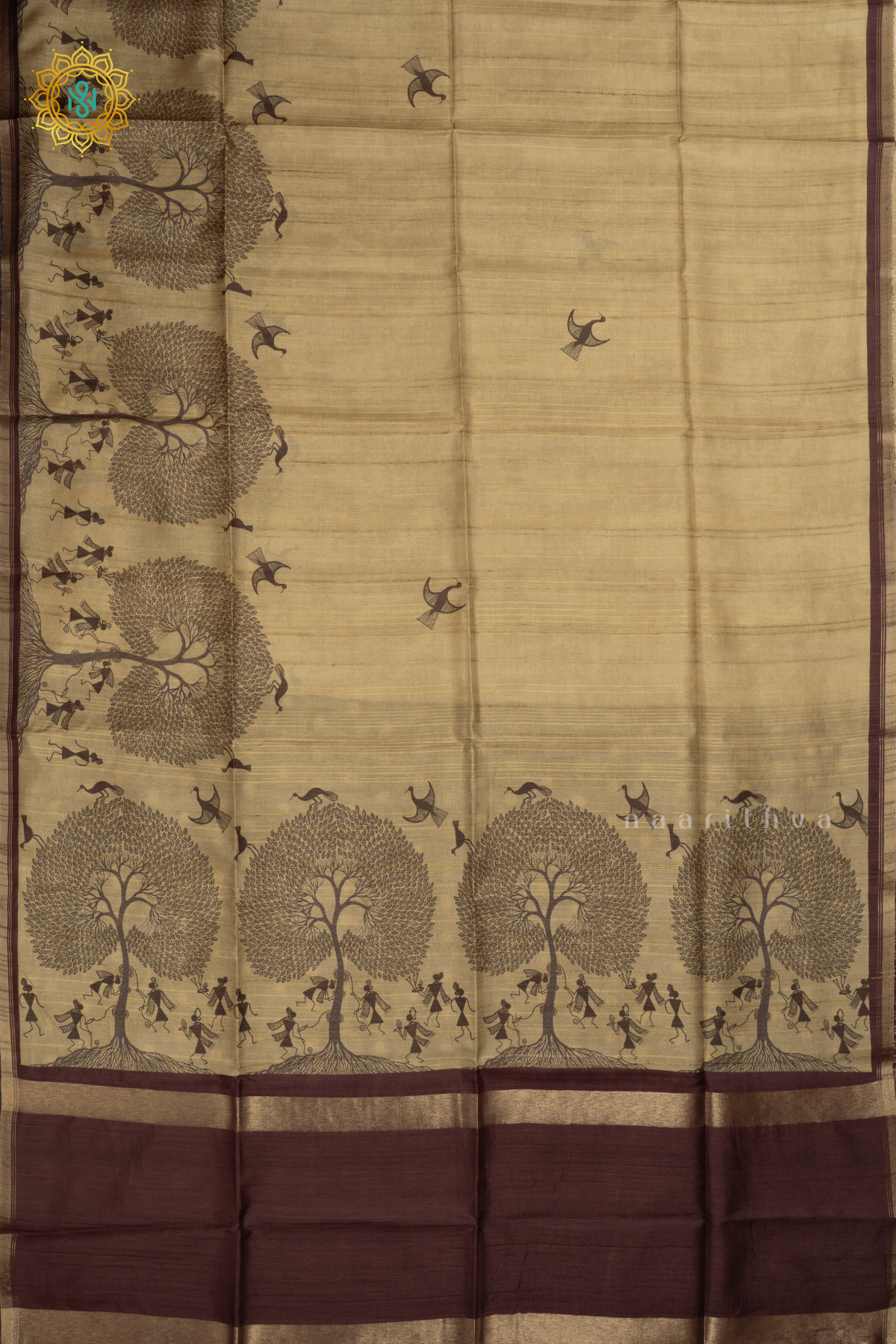 Light Green Semi Tussar Silk Saree With Printed Body And Contrast Border