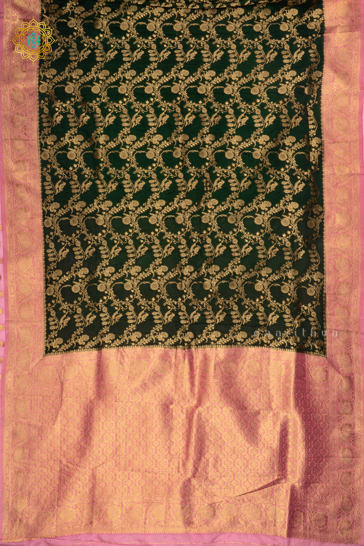 Bottle Green With Pink Semi Crepe Georgette Saree With Brocade Body And Contrast Zari Border