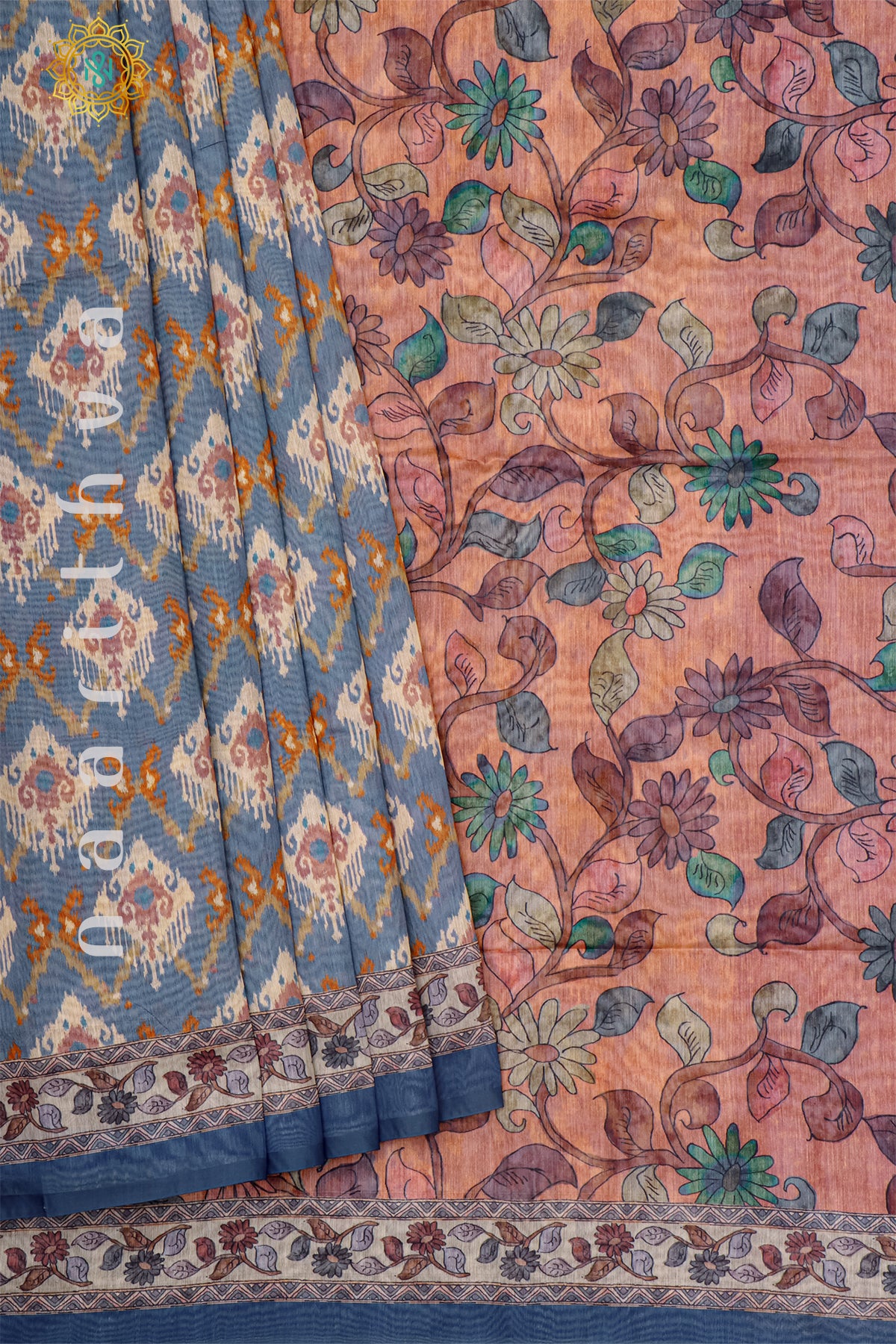 BLUE WITH PEACH - CHANDERI SILK COTTON