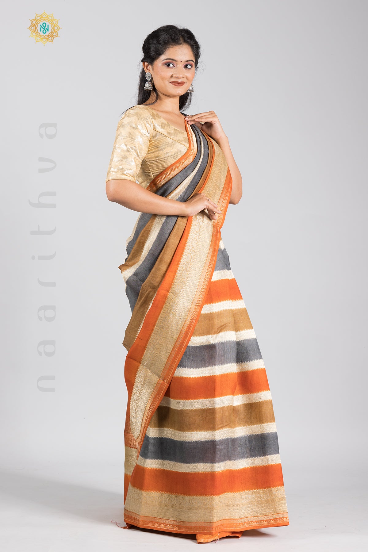 RANGKAAT - PURE TUSSAR SILK IN STRIPES PATTERN WITH ZARI WOVEN CONTRAST BORDER AND WOVEN CONTRAST BLOUSE