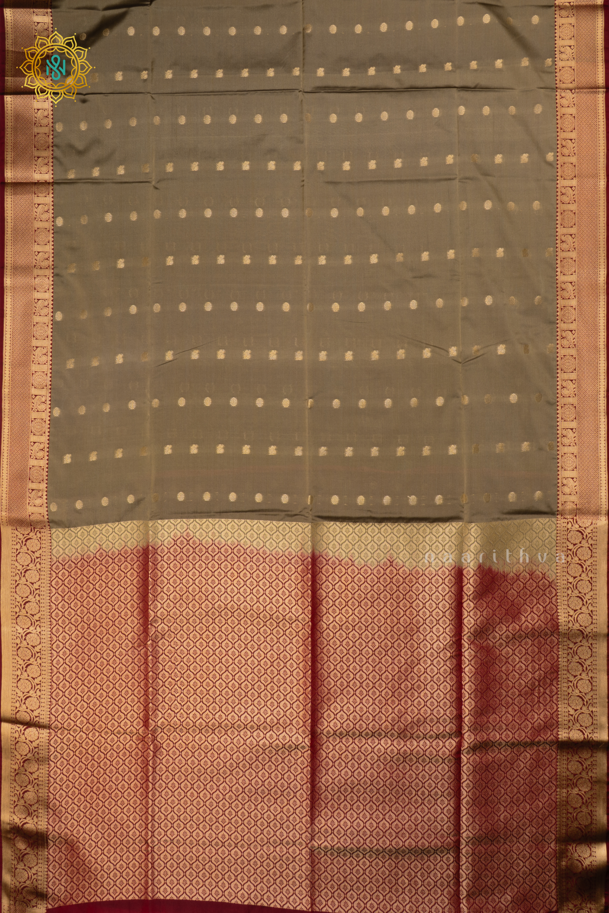 Sage Green With Maroon Semi Soft Silk Saree Allover Zari Buttas And Contrast Zari Border