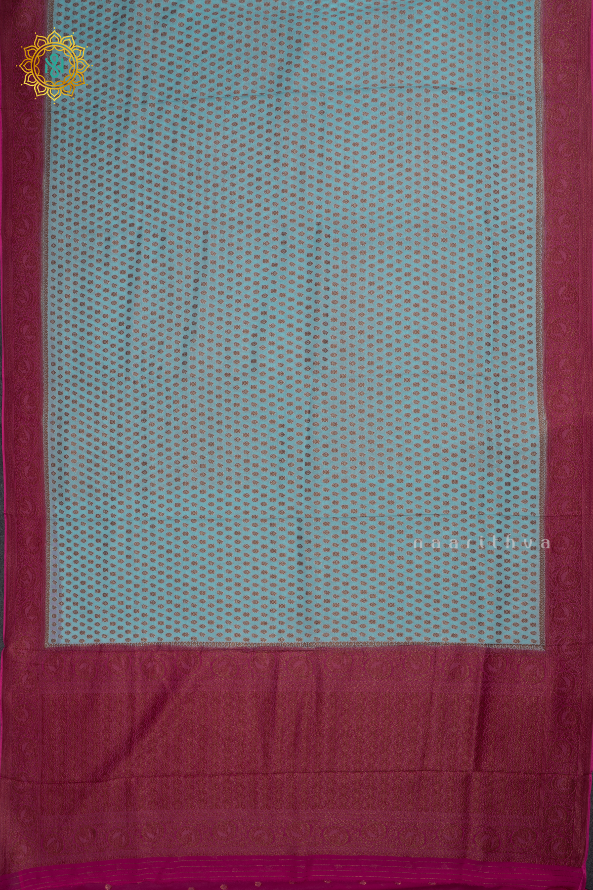 Aqua Blue With Pink Semi Banarasi Georgette Saree Allover Zari Buttas On The Body With Contrast Zari Border & Pallu