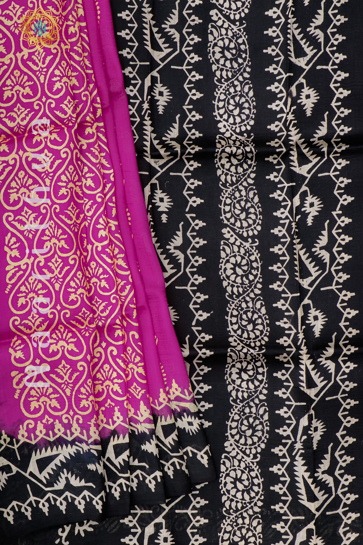 PINK WITH BLACK - PURE MULBERRY SILK WITH BLOCK PRINT