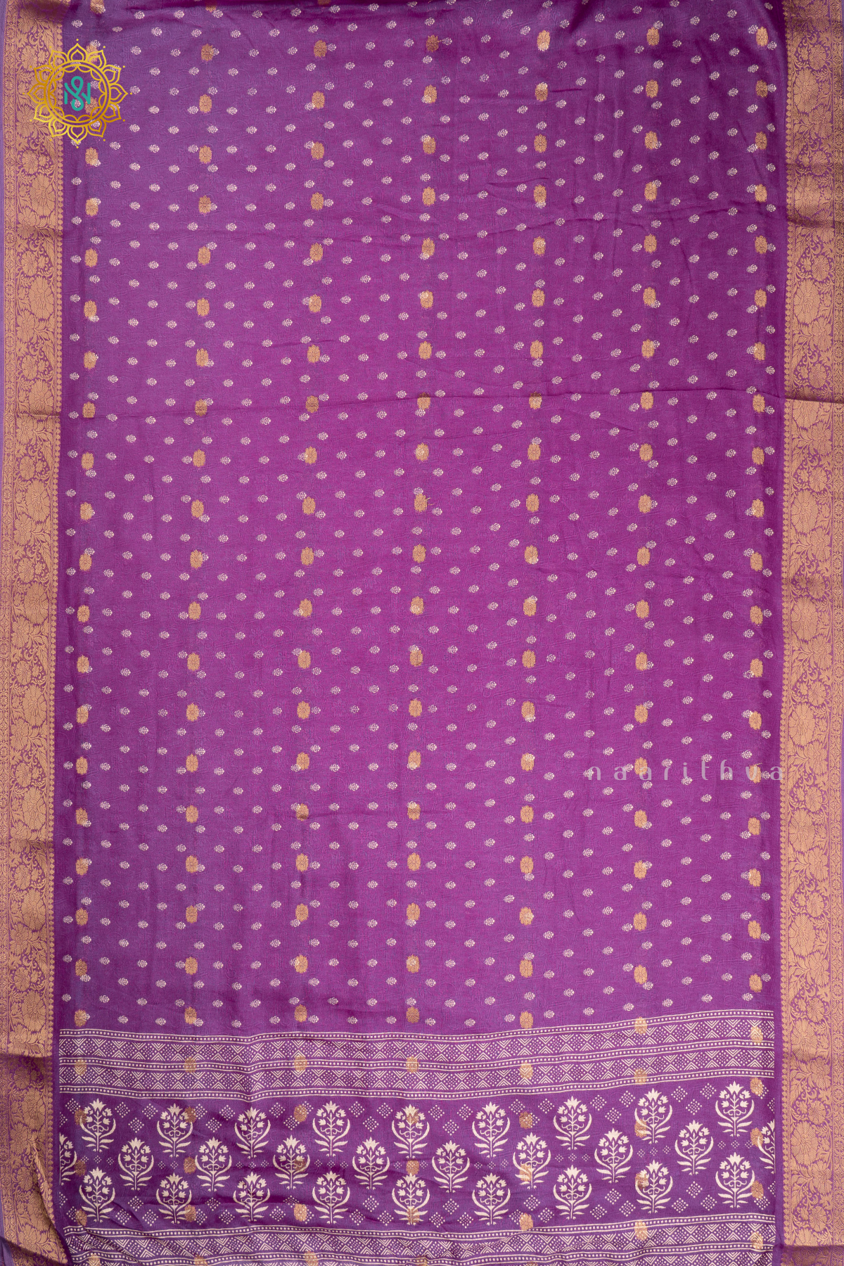 Light Purple Semi Georgette Saree With Zari Buttas & Printed Body With Zari Border