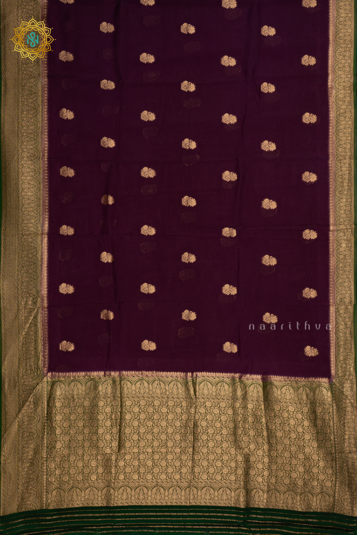 Wine with Green Pure-Mix Banarasi Crepe Saree with All-Over Zari Buttas and a Contrast Zari Border