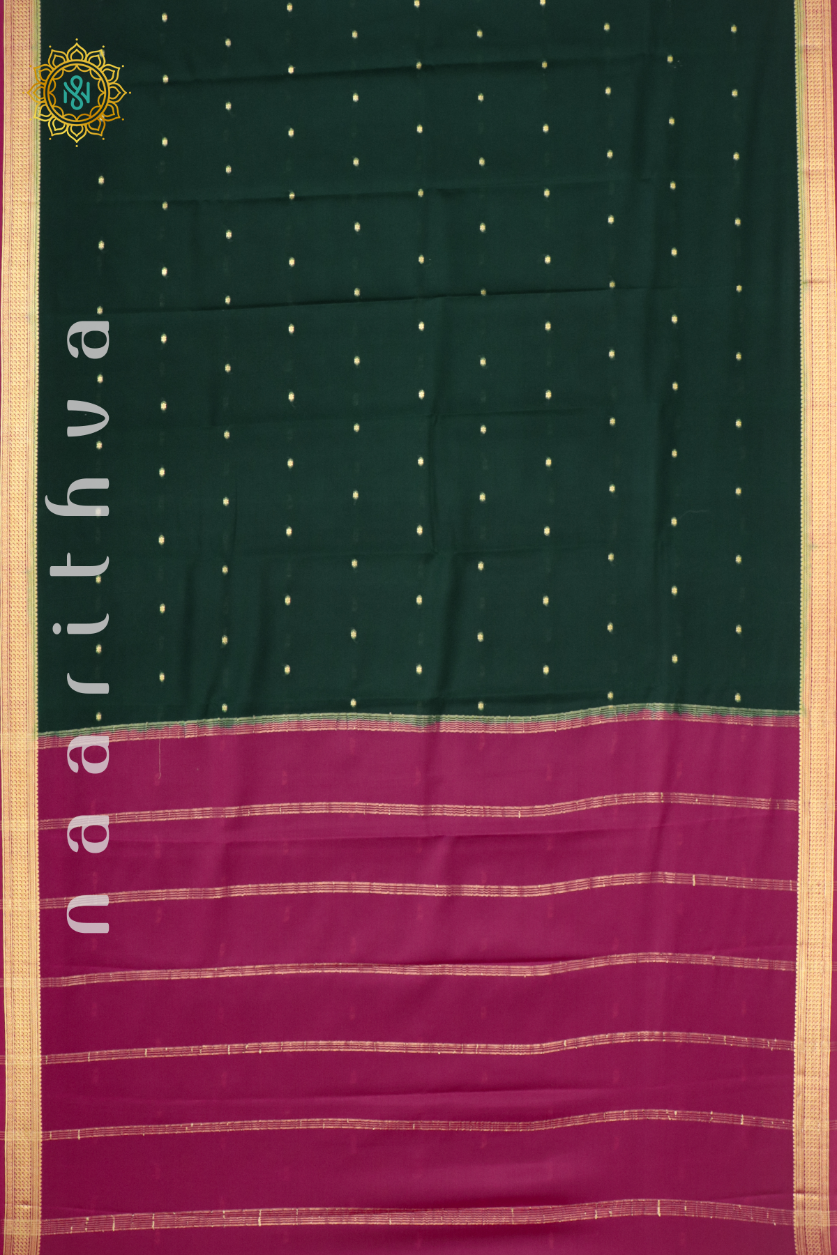 BOTTLE GREEN WITH PINK - PURE MYSORE CREPE SILK