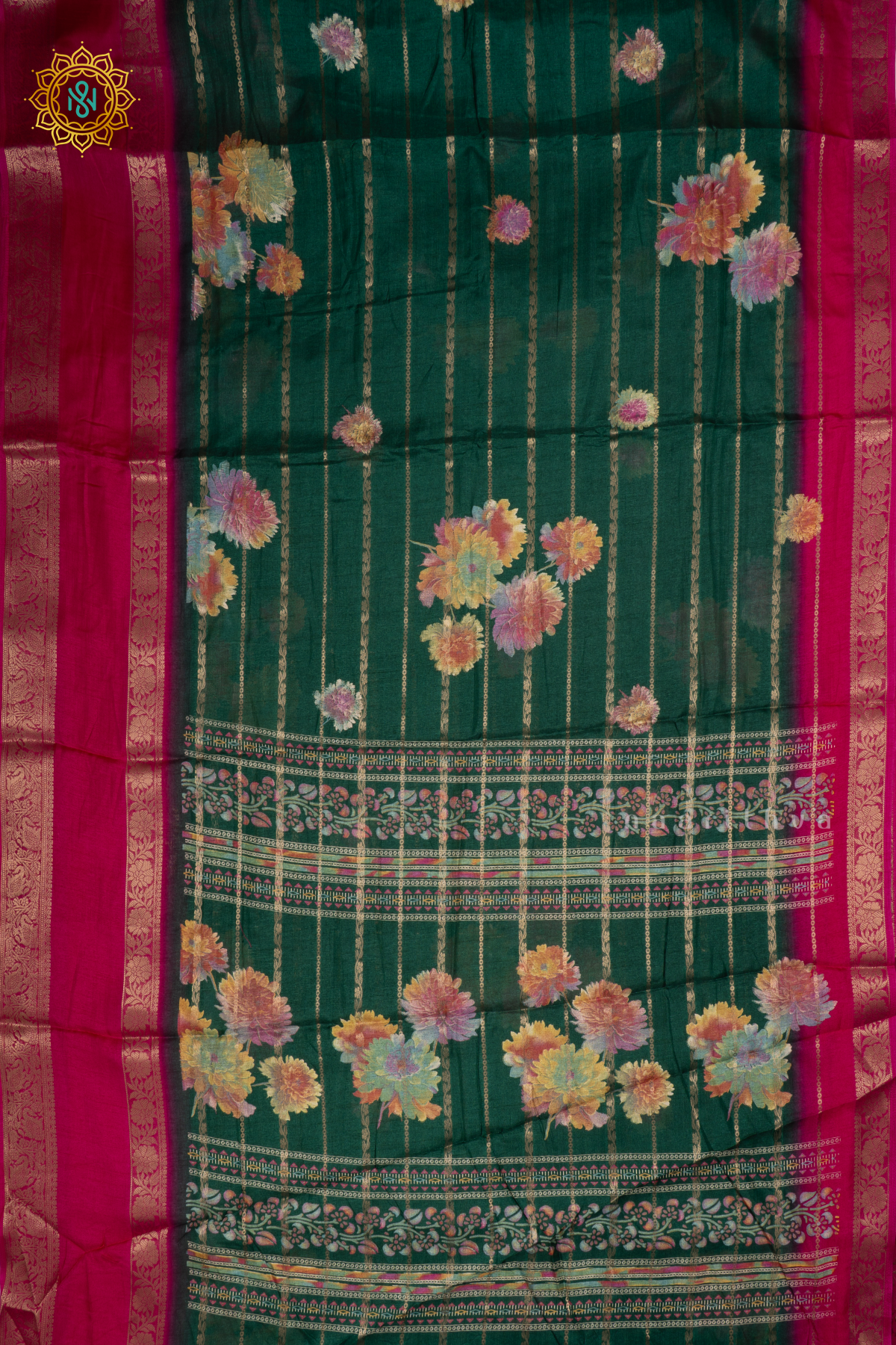 Bottle Green With Pink Dola Silk Saree Allover Printed Buttas And Zari Stripes With Contrast Zari Gap Border