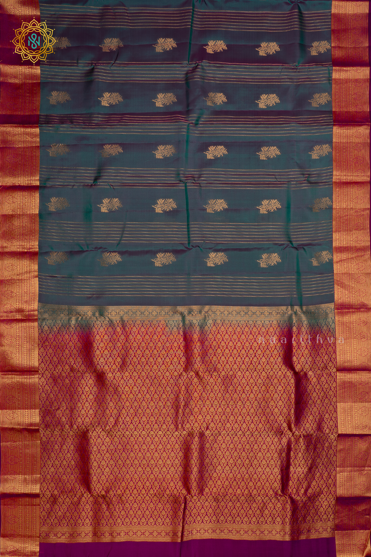 Dual Shade of Peacock Blue With Wine Pure Mix Kanjivaram Silk Saree with Zari Woven Stripes, Buttas and Zari Woven Contrast Border
