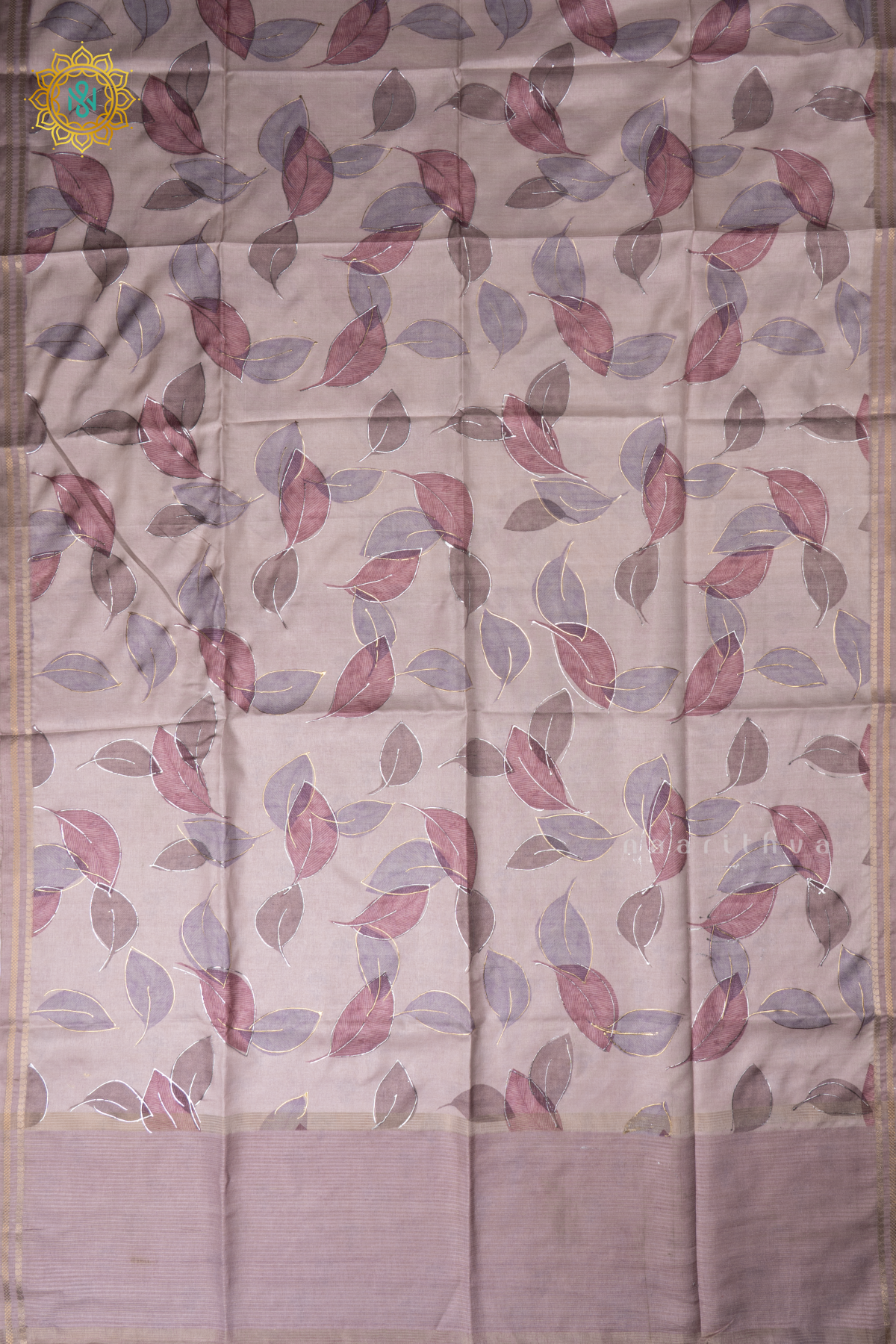 Light Brown Semi Tussar Silk Saree With Allover Leaf Prints On The Body With Contrast Pallu