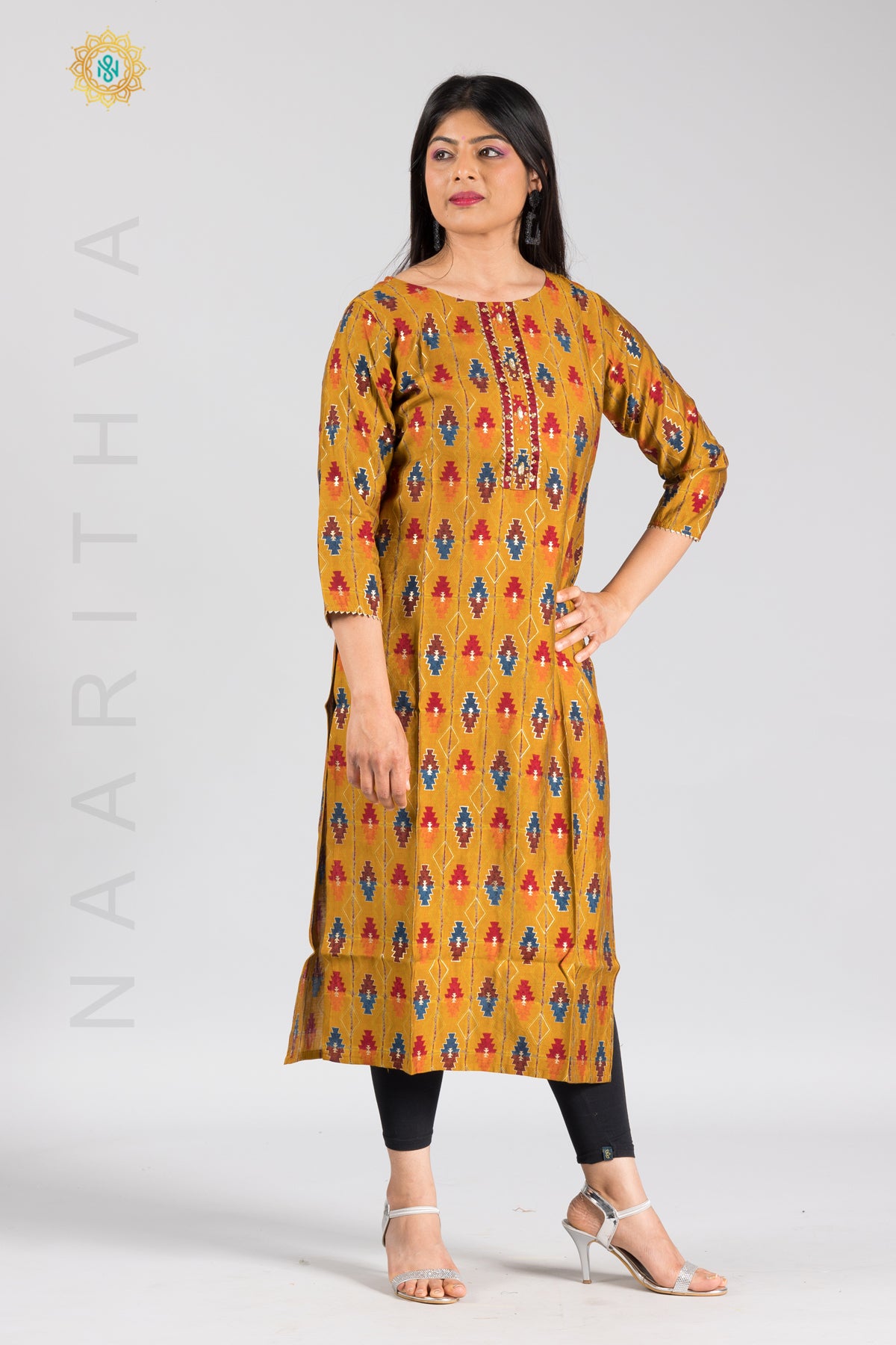 MUSTARD - MODAL SILK CASUAL PRINTED STRAIGHT CUT KURTI WITH NECK EMBROIDERY