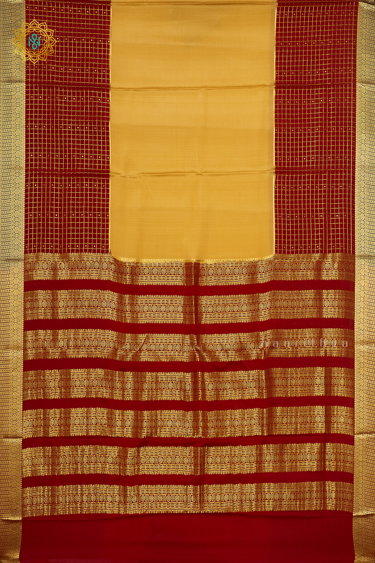 LIGHT BISCUIT WITH MAROON & BLACK - PURE MYSORE CREPE SILK