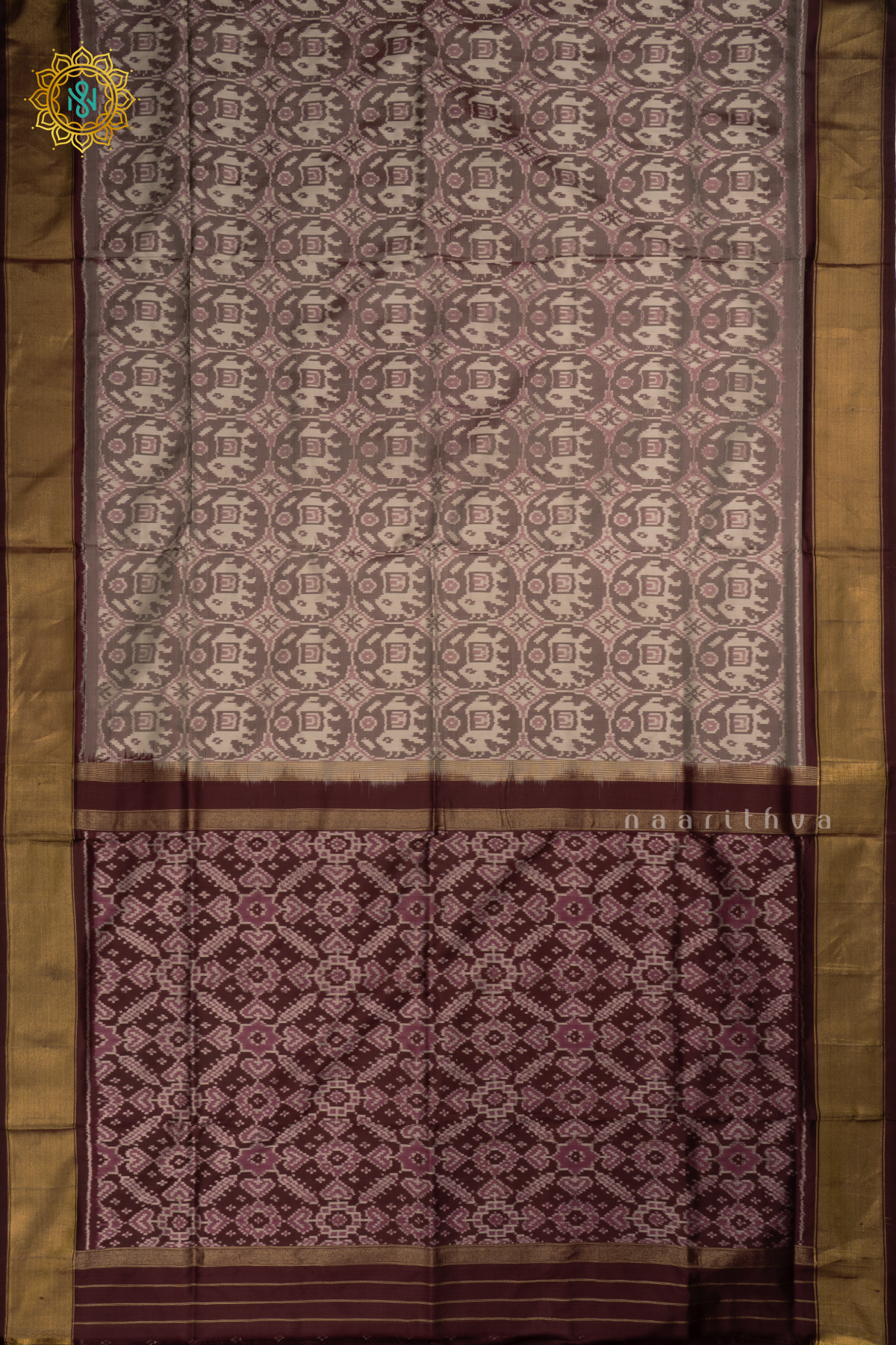 Grey with Deep Wine Ikkat Pure Silk Saree with Patola Printed Body and Zari Border