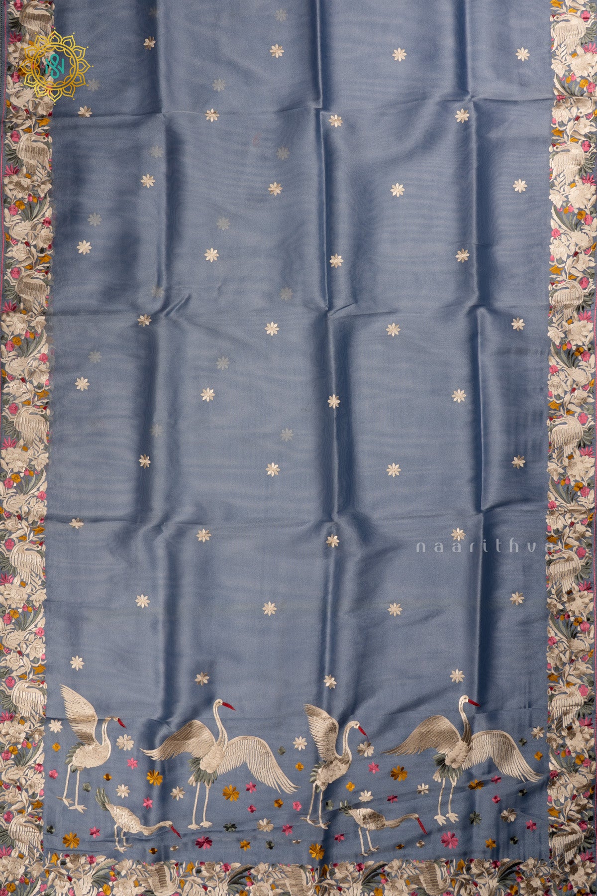Blue Tissue Organza Saree All Over Hand Embroidery Buttas with Hand Embroidery Border