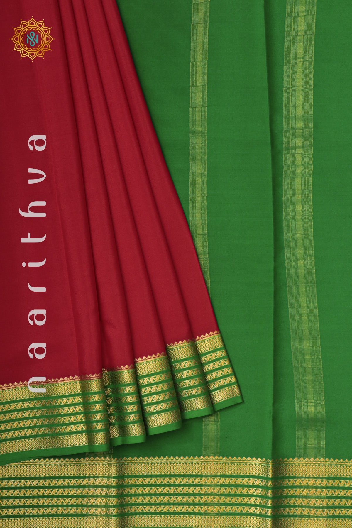 RED WITH GREEN - PURE MYSORE CREPE SILK