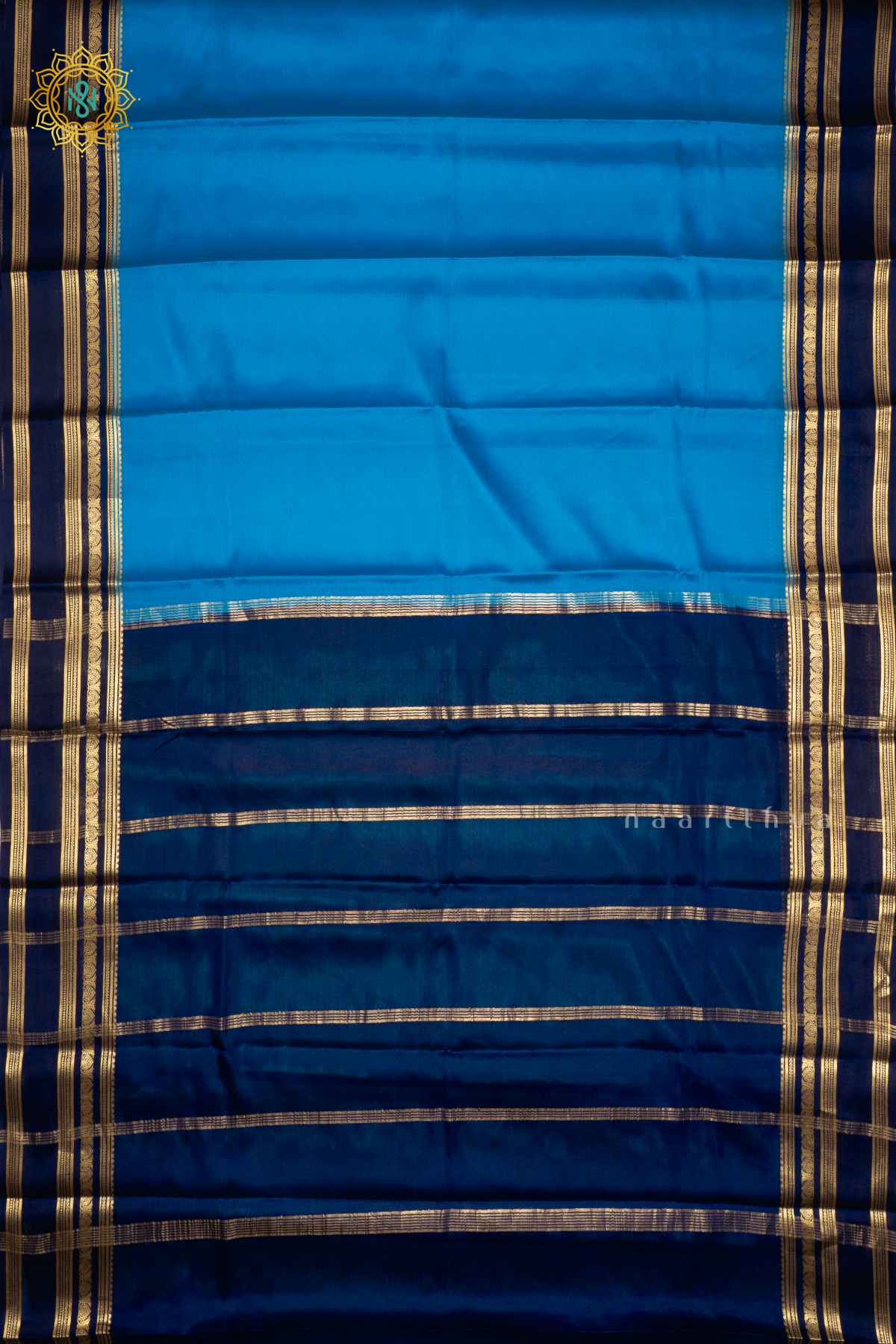 BLUE WITH NAVY BLUE - PURE MYSORE CREPE SILK