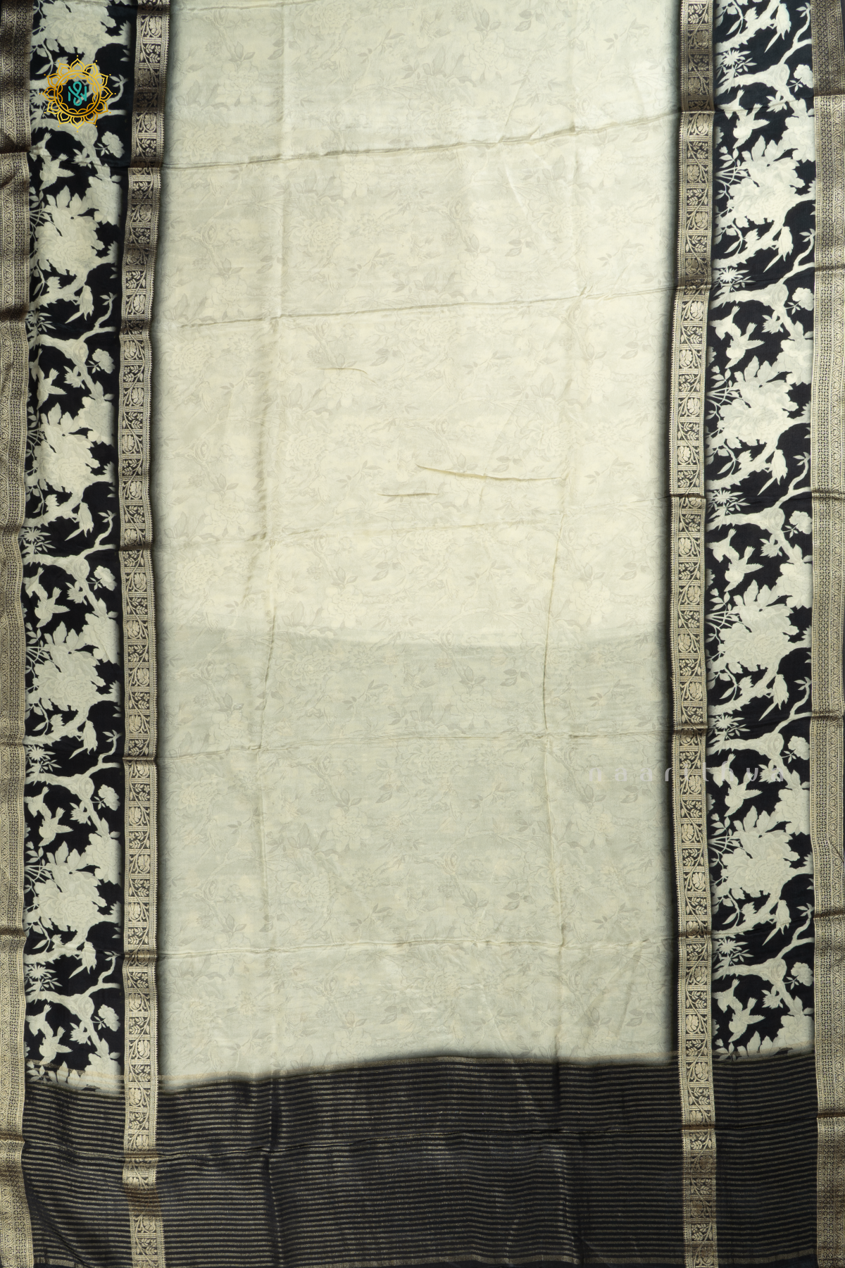 Off White With Black Printed Semi Crepe Silk Saree With Contrast Bentex Zari Border & Pallu