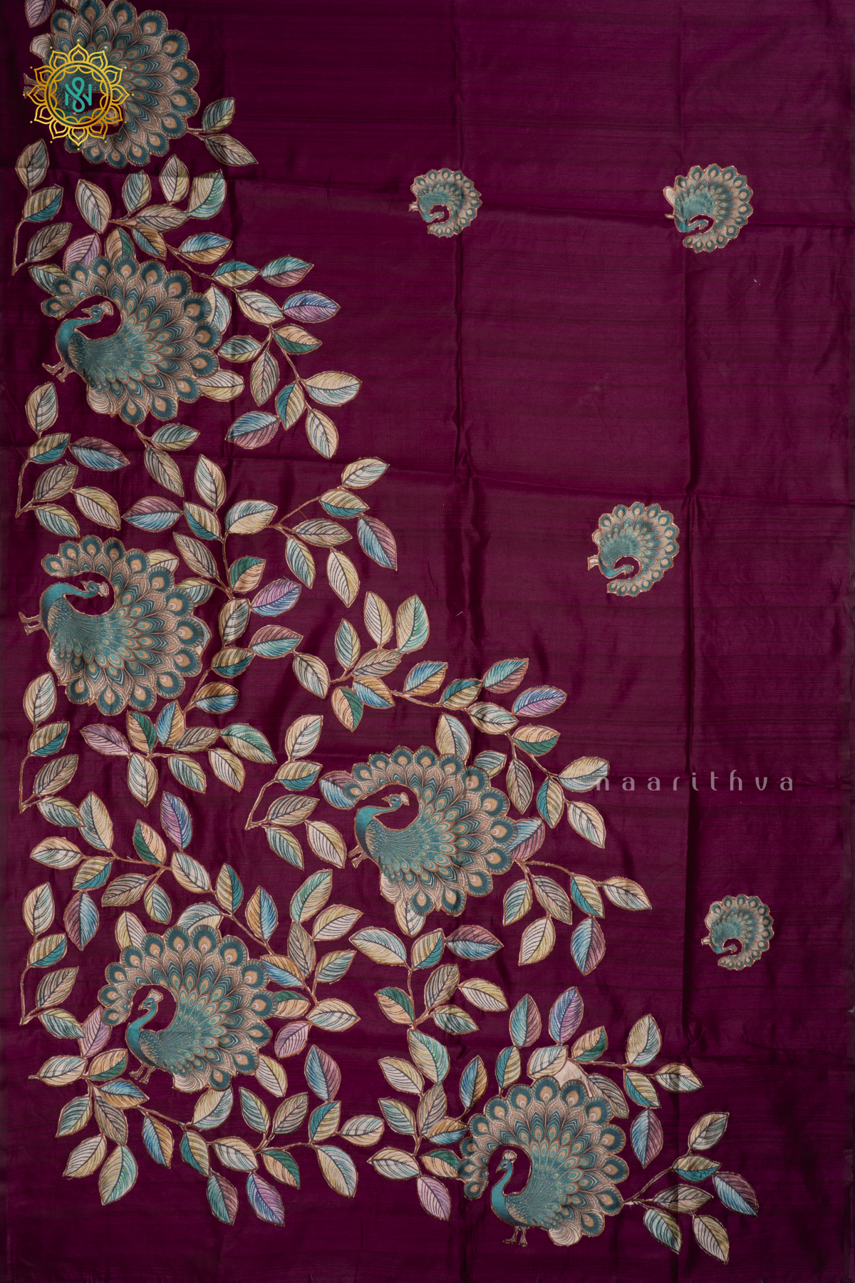 WINE - SEMI TUSSAR SILK WITH APPLIQUE WORK