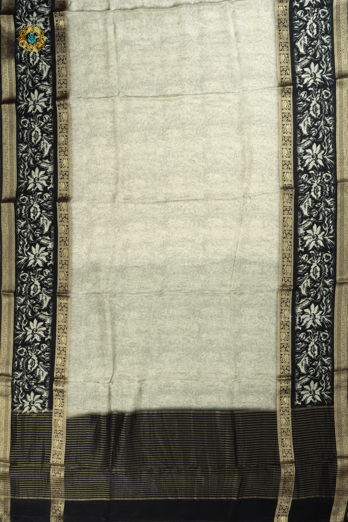 Off White With Black Printed Semi Crepe Silk Saree With Contrast Bentex Zari Border & Pallu
