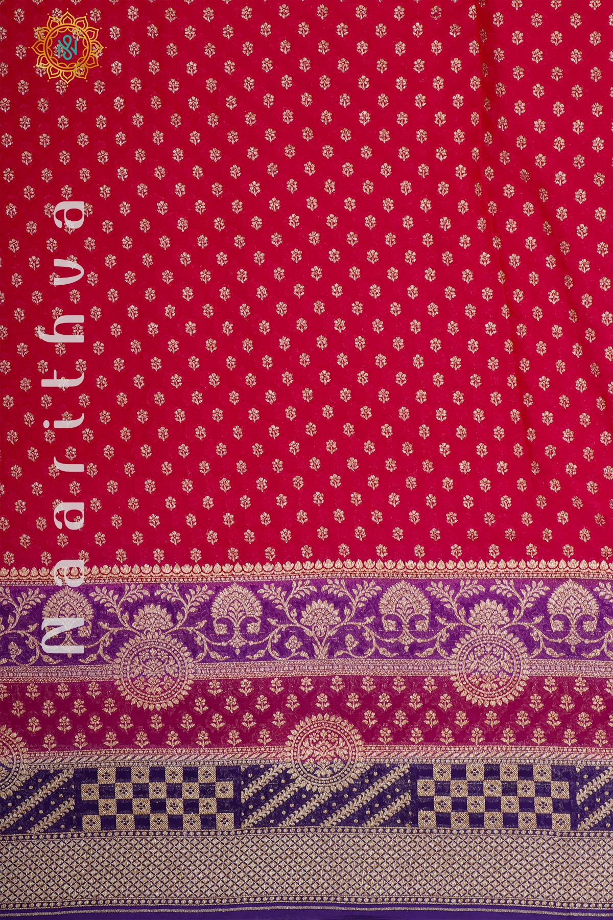 RED WITH PURPLE, PINK & NAVY BLUE - PURE HANDLOOM KHADDI GEORGETTE BANARAS