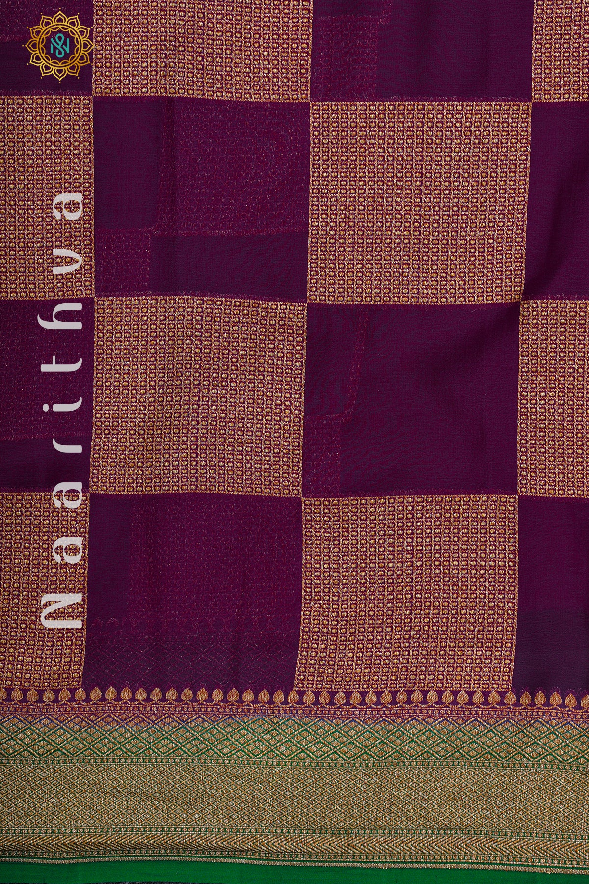 PURPLE WITH GREEN - PURE HANDLOOM KHADDI GEORGETTE BANARAS