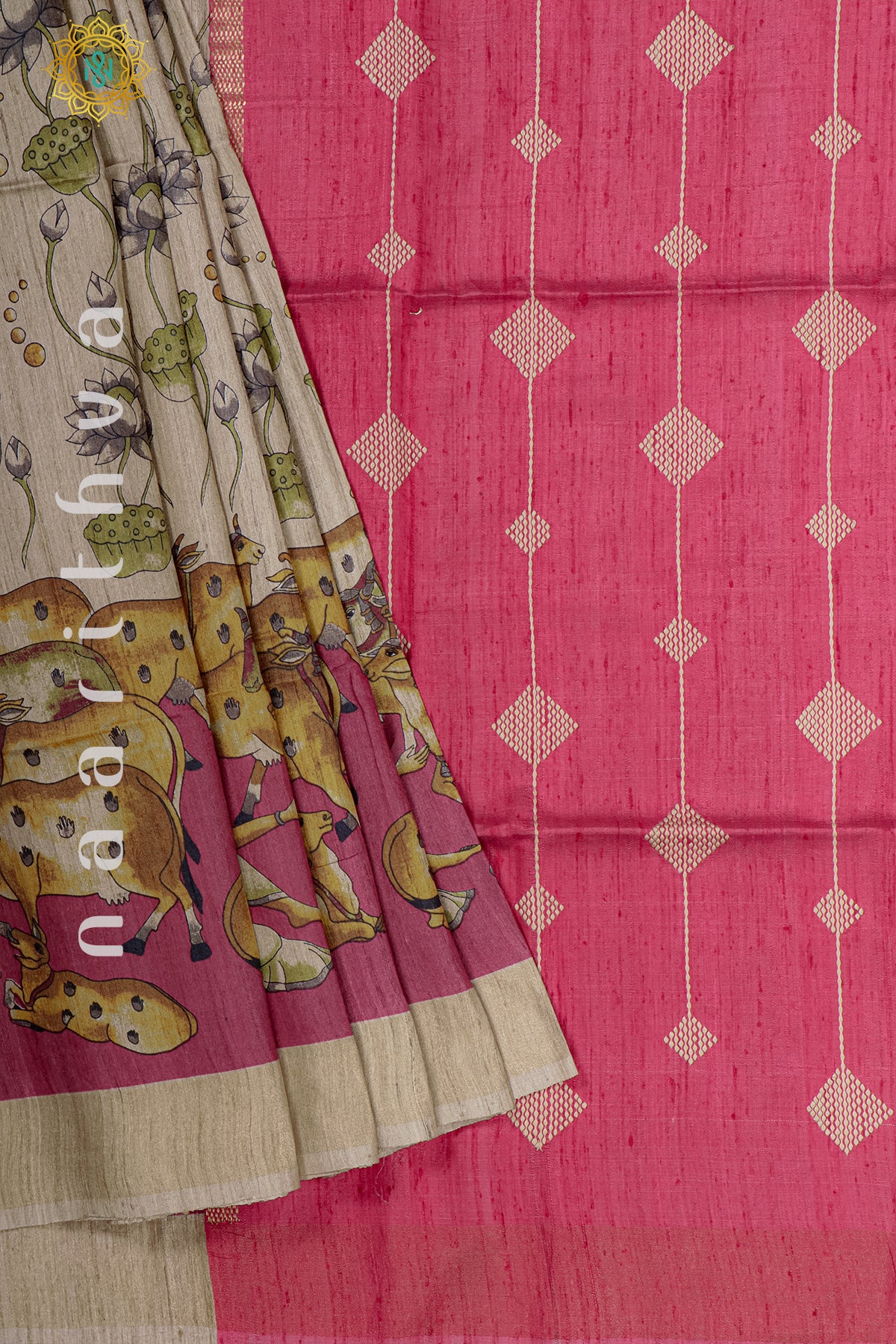 BIEGE WITH PINK - PURE TUSSAR SILK WITH PICHWAI PRINTS