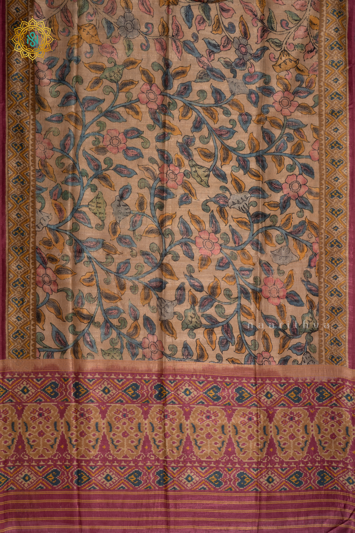 Beige With Rouge Pink - Semi Gicha Tussar Saree Allover Kalamkari Printed Body With Pallu And Blouse