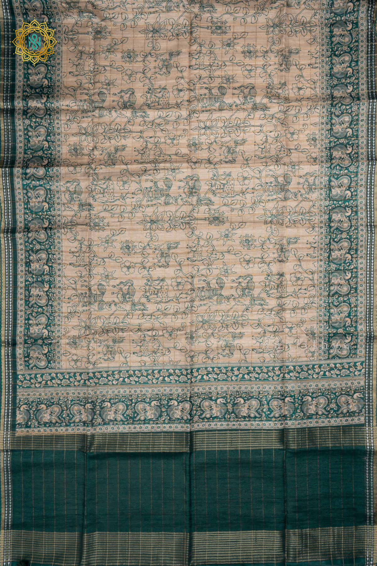 Off White With Peacock Green Semi Tussar Silk Saree Allover Printed And Zari Striped Body With Thread Woven Tissue Border