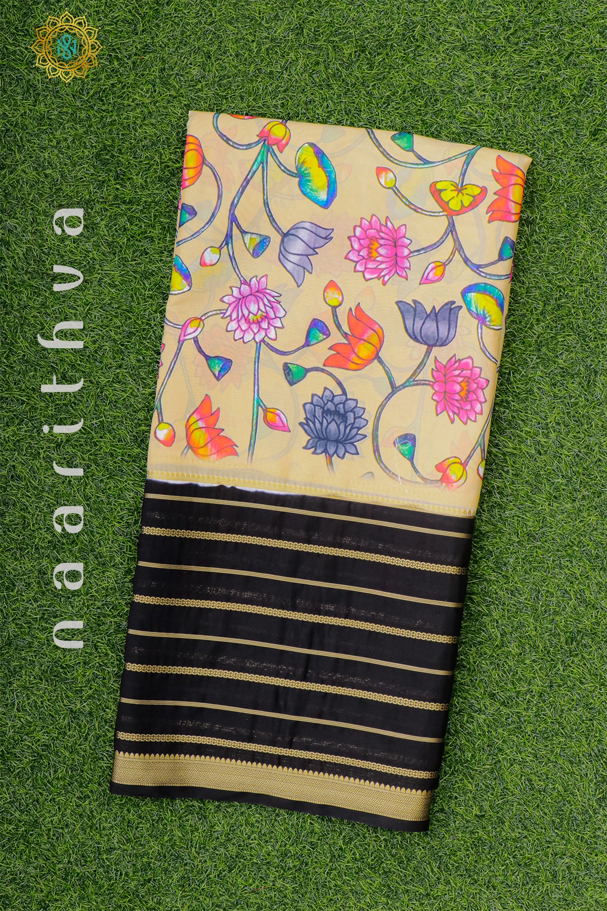 BEIGE WITH BLACK - SEMI MYSORE CREPE SILK