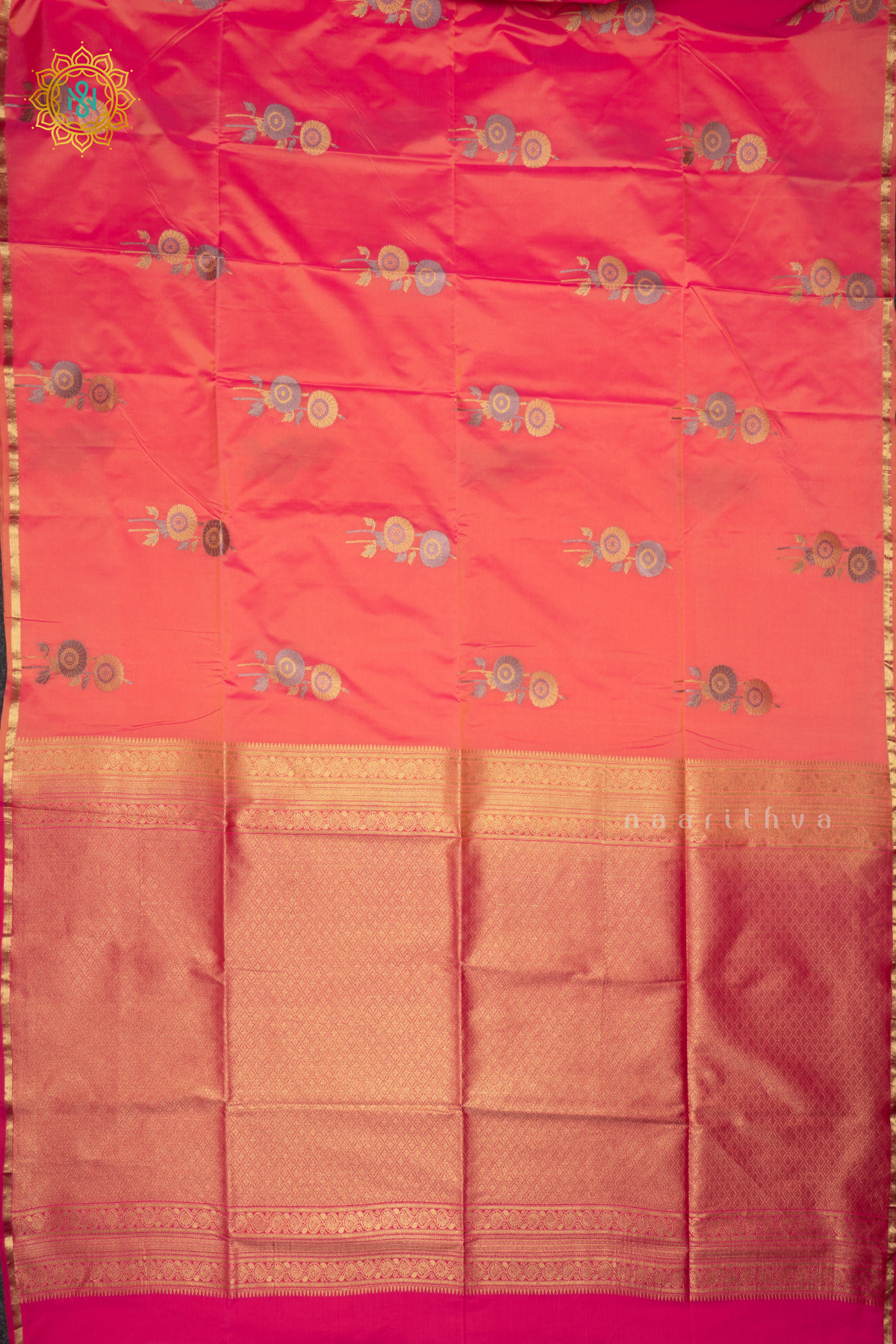 PEACHISH PINK WITH RANI PINK - SEMI  SOFT SILK SAREE ALLOVER ZARI BUTTAS AND CONTRAST GAP BORDER