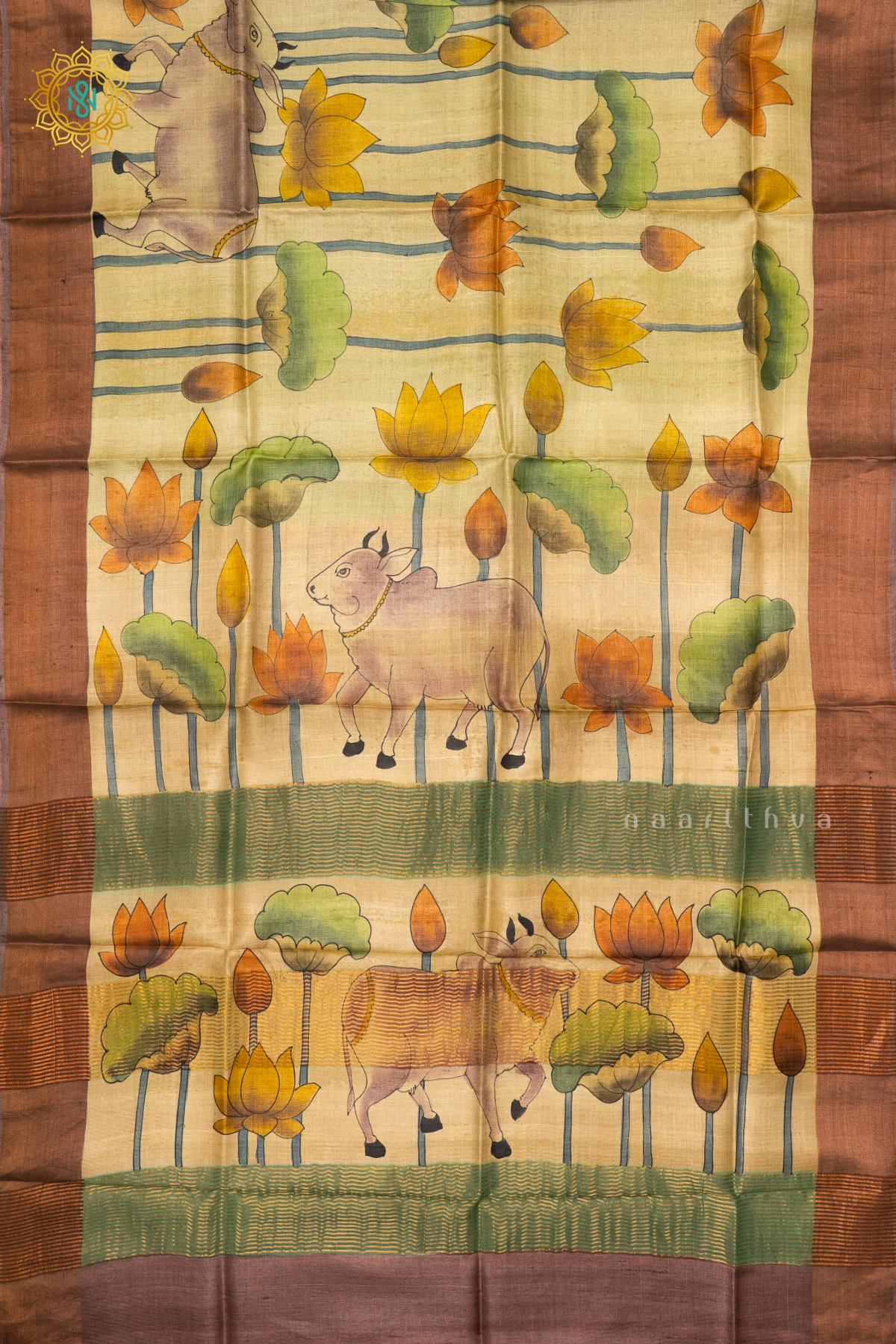 SAGE GREEN WITH LIGHT BROWN - PURE TUSSAR SILK