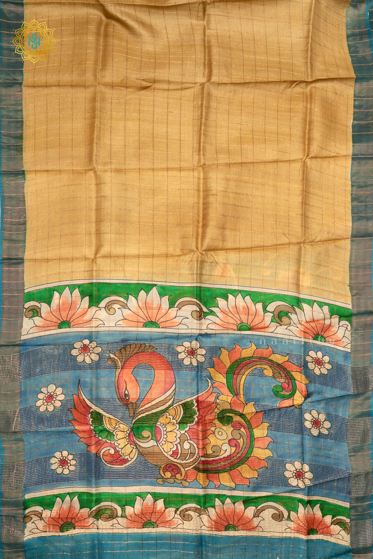 LIGHT YELLOW WITH AQUA BLUE - PURE TUSSAR SILK