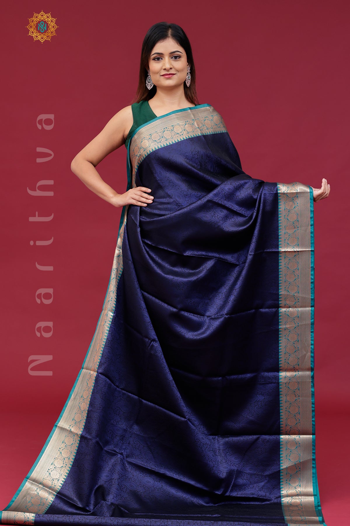 NAVY BLUE WITH GREEN - KORA TANCHOI SILK WITH CONTRAST BORDER