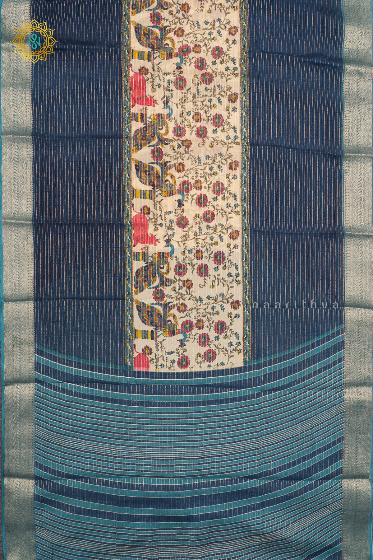 OFF WHITE WITH TEAL BLUE & SKY BLUE - SEMI GEORGETTE