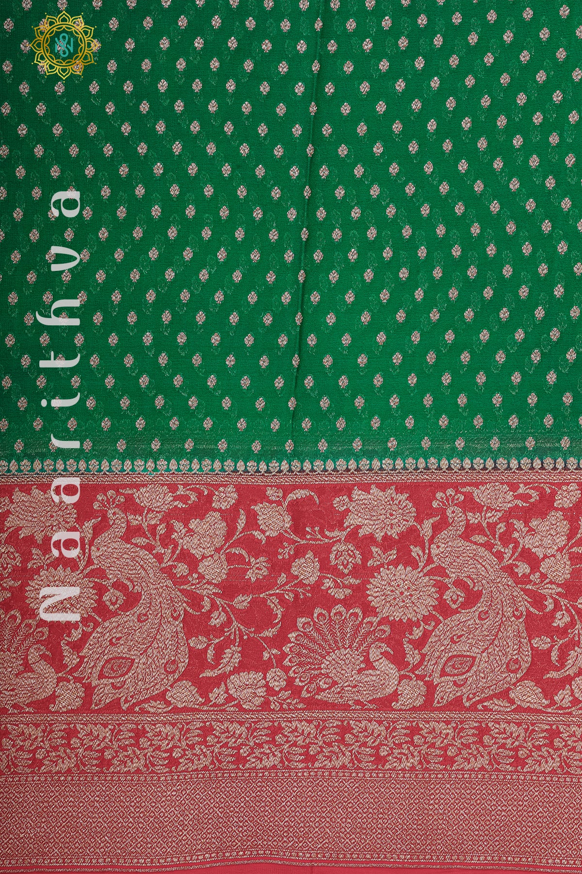 GREEN WITH RED - PURE HANDLOOM KHADDI GEORGETTE BANARAS