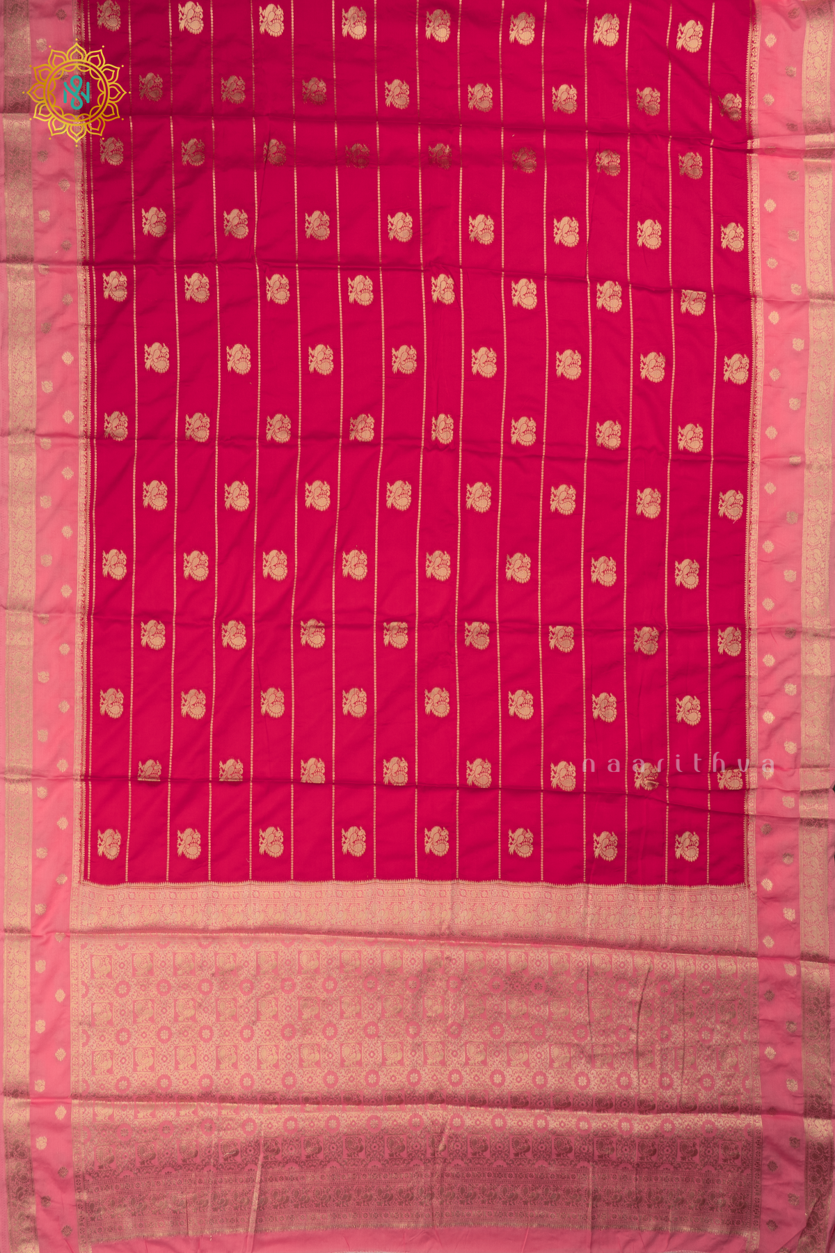 Rani Pink with Light Pink Semi Mysore Crepe Silk Saree with All-Over Zari Stripes and Zari Buttas on the Body and a Contrast Zari Border