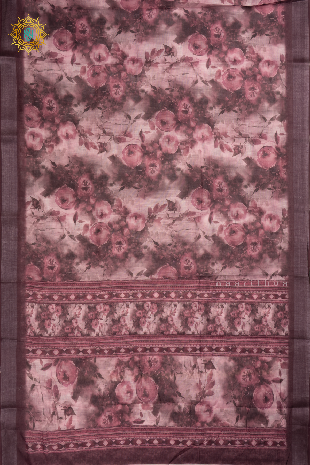Sage Blue Linen By Cotton Saree With Floral Printed Body